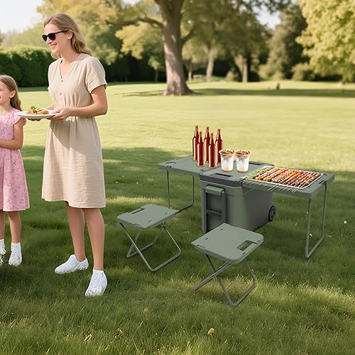 Miniatura 2 de Enfriador portátil multifuncional, enfriador rodante 2 en 1 con ruedas y mesa temporal, 41.54 x 21.46 x 15.55 pulgadas, enfriador plegable con