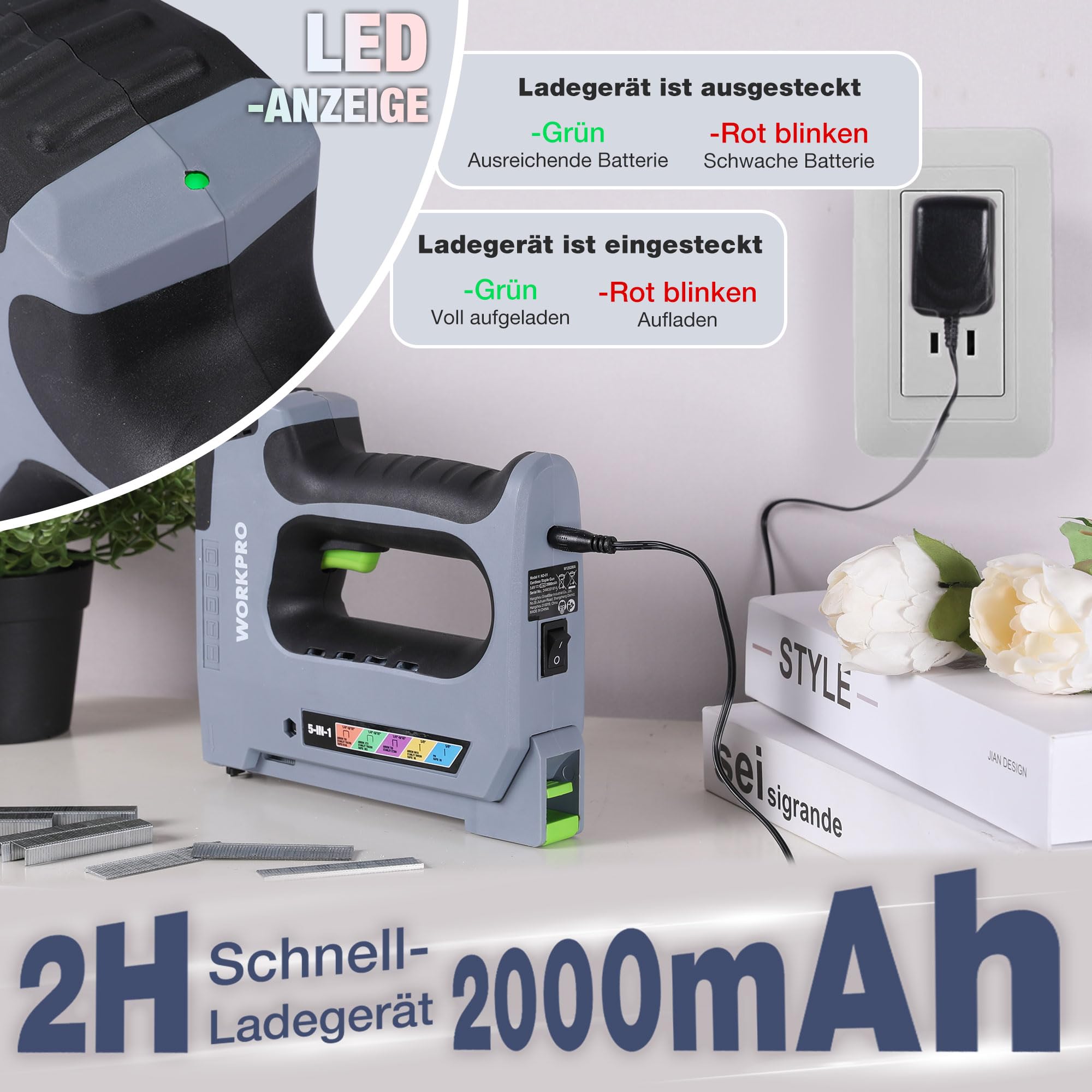 WORKPRO 5-in-1 Elektrotacker 3,6V, Akku Tacker Nagelpistole mit 2000mAh Batterie, Heavy Duty Elektronagle für JT21,T50,T20,BN18,PIN inkl. 2000 Klammern & Nägel, Ideal für Dekoration, Möbelbau