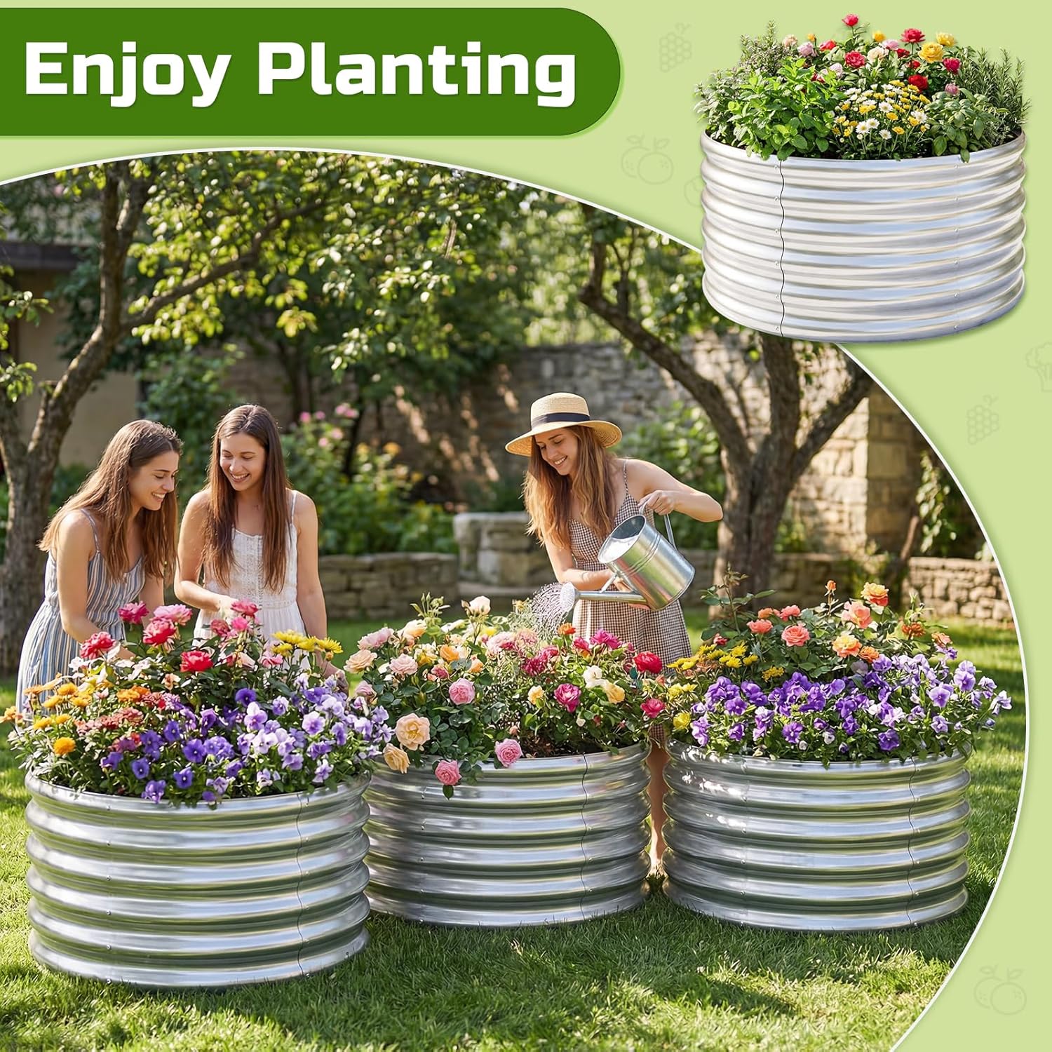 AHEONLAR 3PCS 2x2x2FT Galvanized Raised Garden Bed Kit Round Metal Flower Box Large Planter Raised Beds Outdoor Garden for Planting,Fruit,Herb Silver
