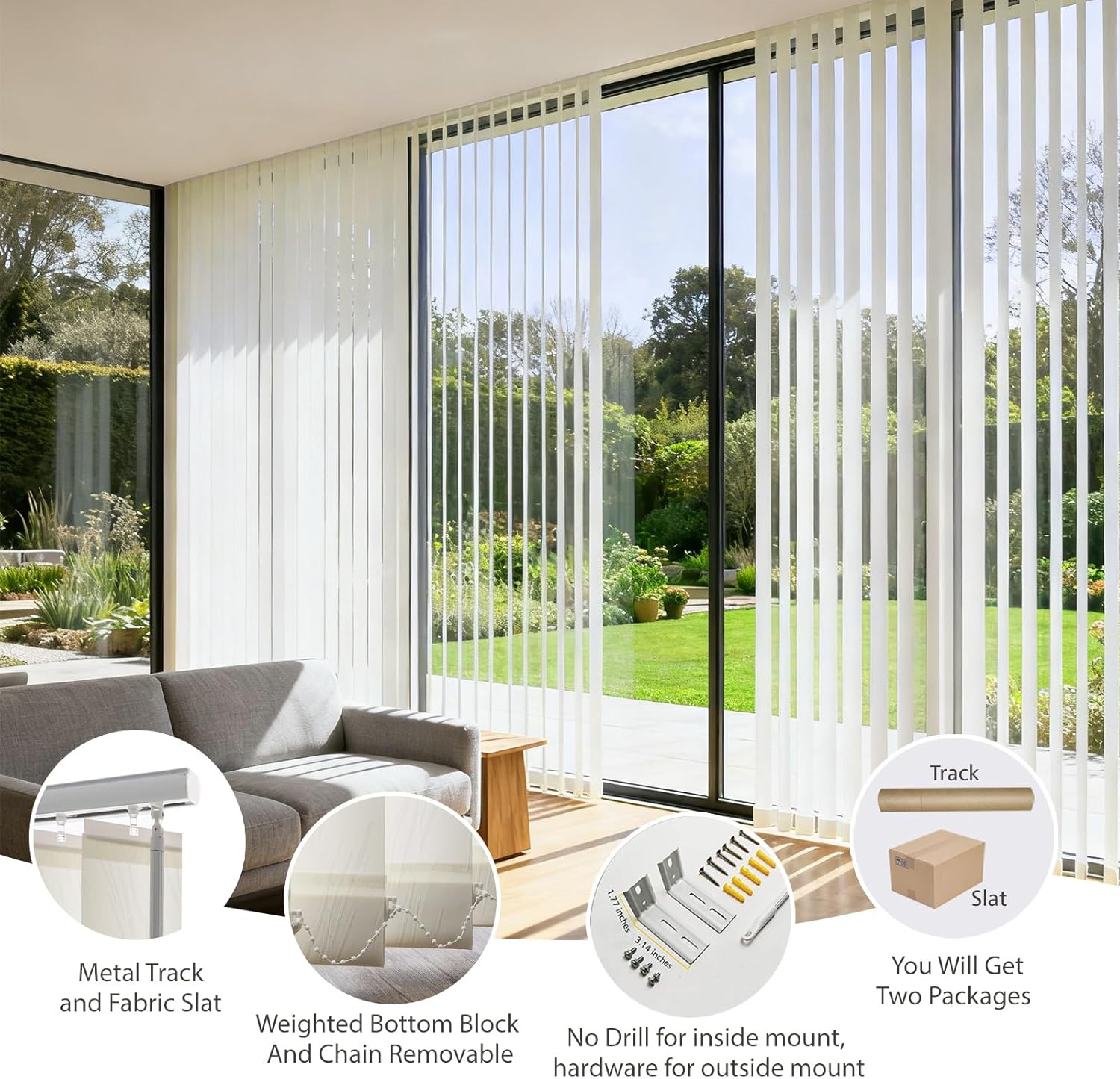 Cordless No Drill No Tools Vertical Window Blinds Shades, Room Divider, Door Blinds, Blinds for Sliding Glass Doors, Closet Curtain, Room Door, Privacy and Filter Light, Woven Cream