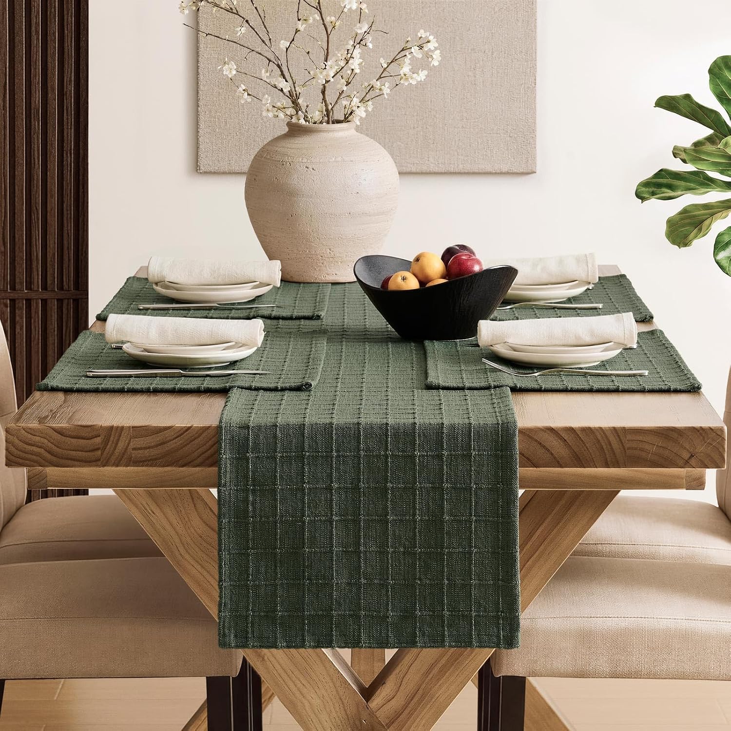 ZeeMart Artisanal Grid Linen Table Runner, 13x48 Inches Army Green image 4