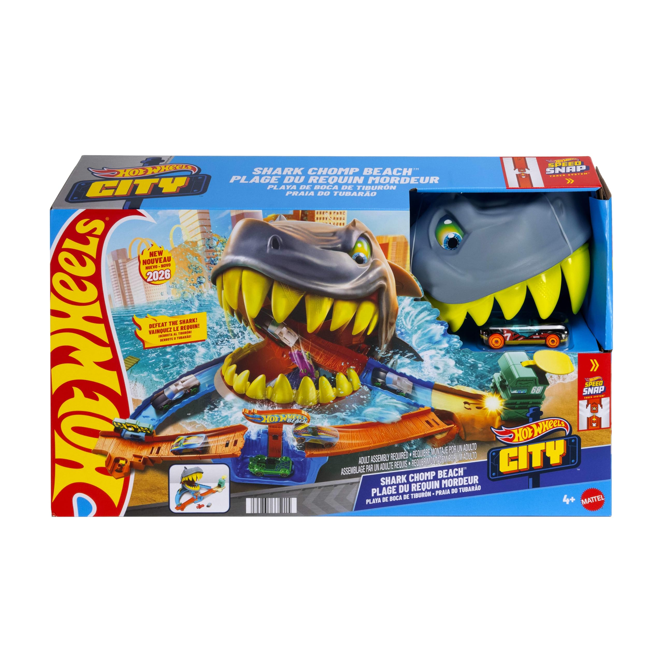 Hot Wheels L’Attaque du Requin Coffret et véhicule en métal à l’échelle 1/64. 2 modes de jeu : terrassez le requin ou faites-vous dévorer, JHL96