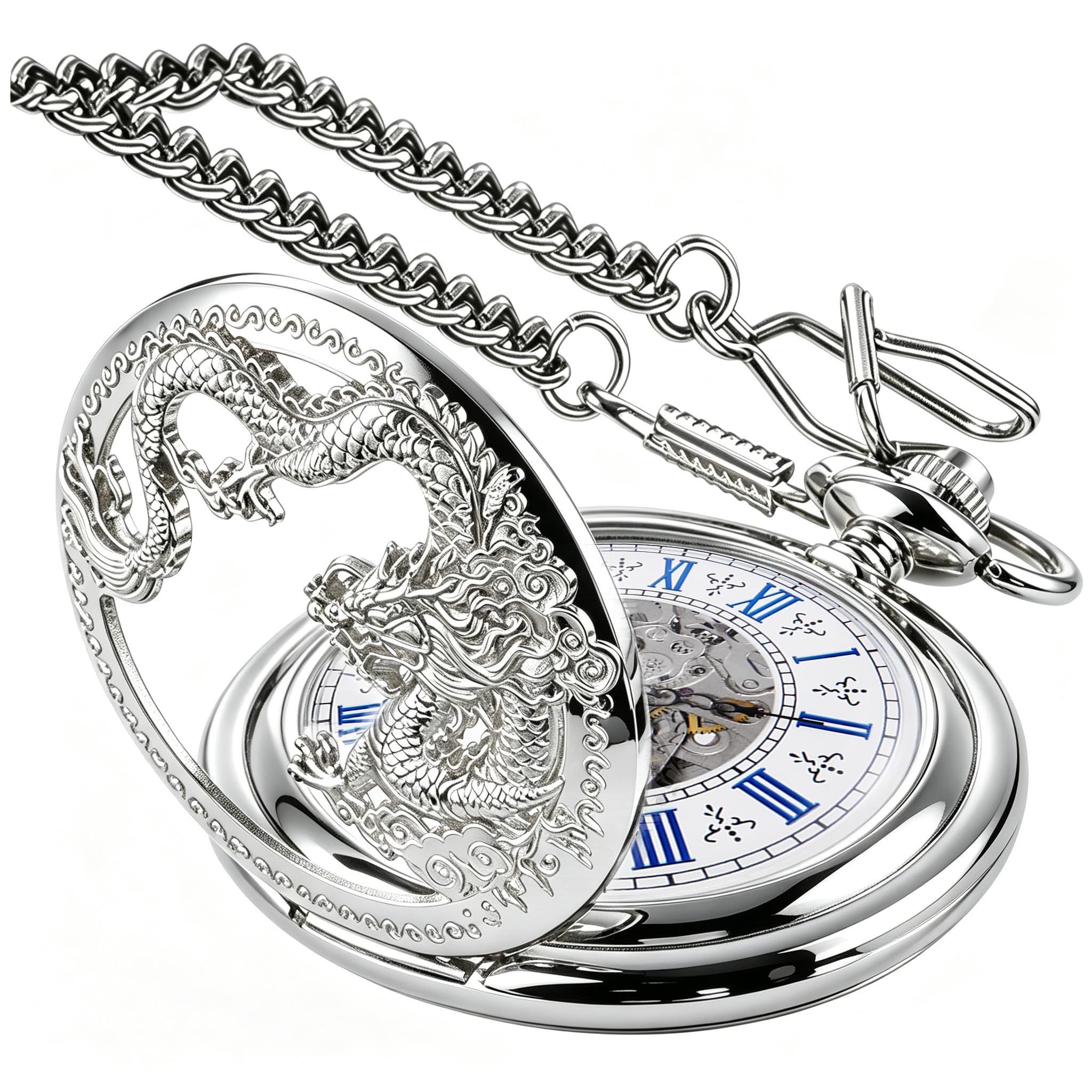 Men's Mechanical Hollow Dragon Design Hand Wind Pocket Watch Roman Numerals Steampunk with Chain Box