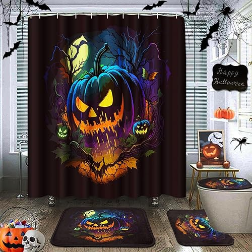 Miniatura 9 de ArtSocket Juego de cortina de ducha de otoño Batheoom con alfombras, juego de baño naranja con alfombra antideslizante, cubierta de tapa de inodoro,
