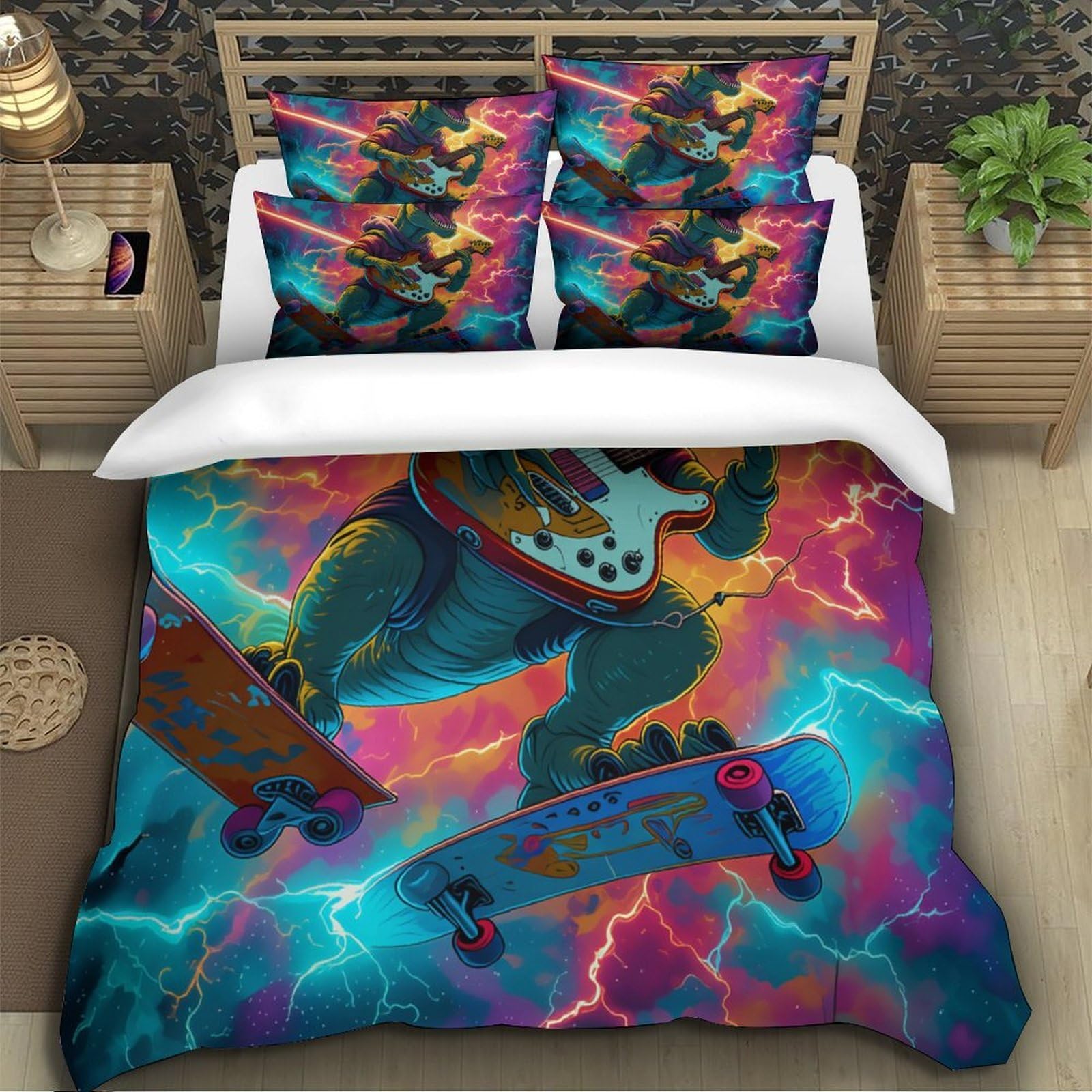 Housse de Couette 3D Dinosaure Néon Ado Chambre Cadeau