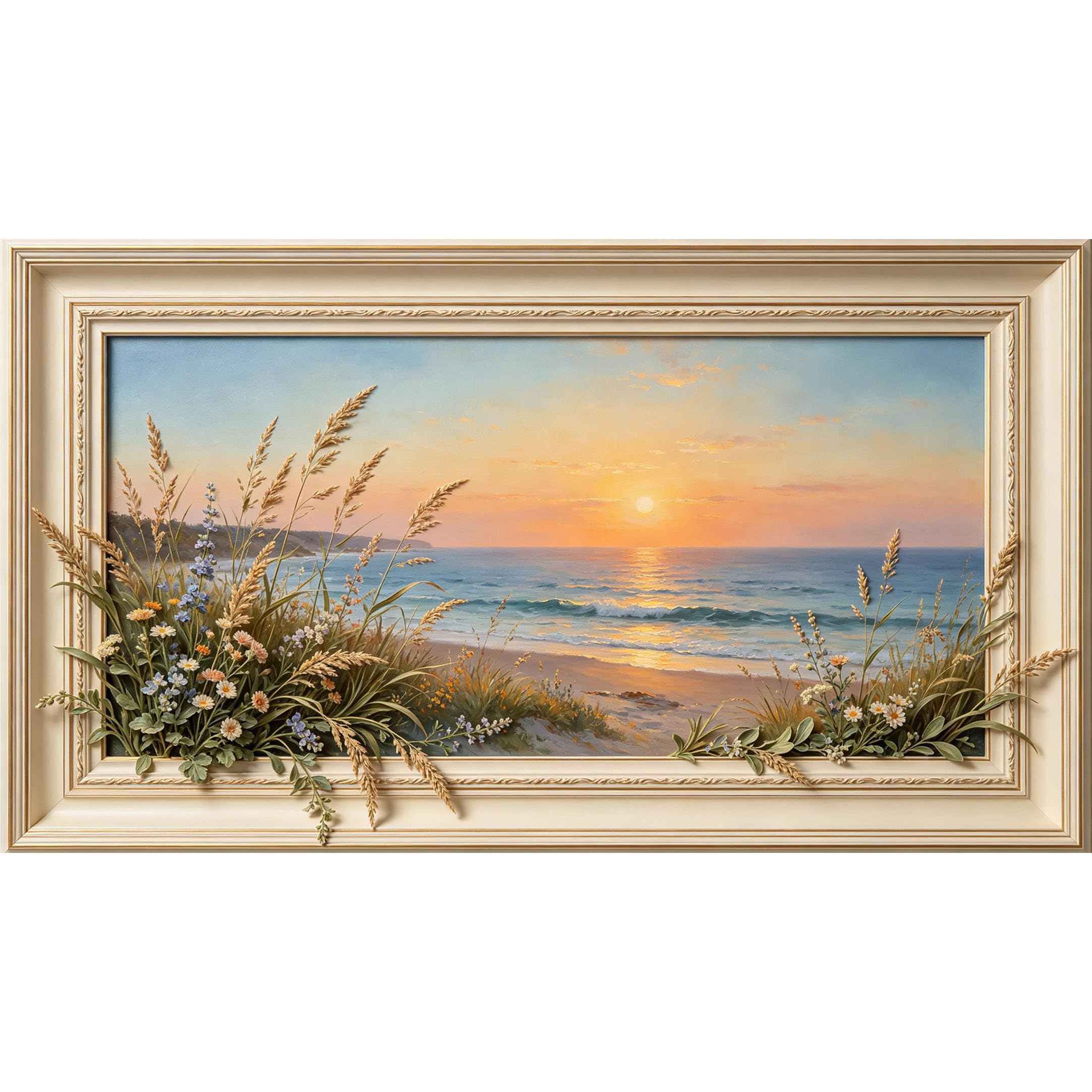 QZLITHOTIC 50x90cm3D Framed Wall Art， Coastal Sunset Beach Landscape SelfAdhesive Mural， WaterActivated Peel & Stick Fabric Decor Wall Decal for Bedroom Living Room