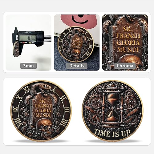 Miniatura 3 de Moneda de calavera estoica Memento Mori - Moneda de desafío Memento Vivere con tumba de serpiente y reloj de arena - Sic Transit Gloria Mundi - Time