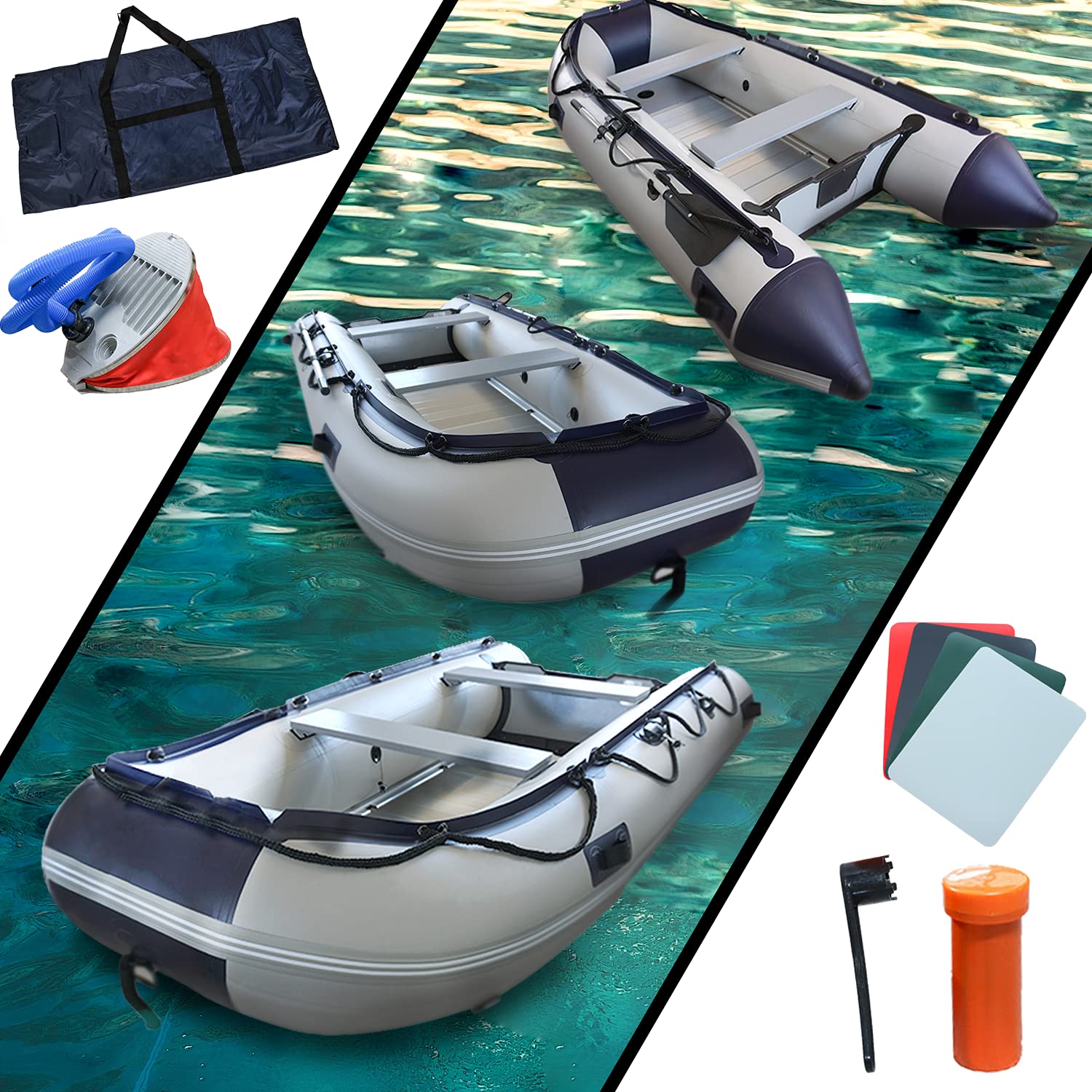 Bateau Gonflable 5 Adultes + 1 Enfant – 330×155×72 Cm – PVC – Plancher Aluminium – 2 Rames – Pour Mer Et Lac