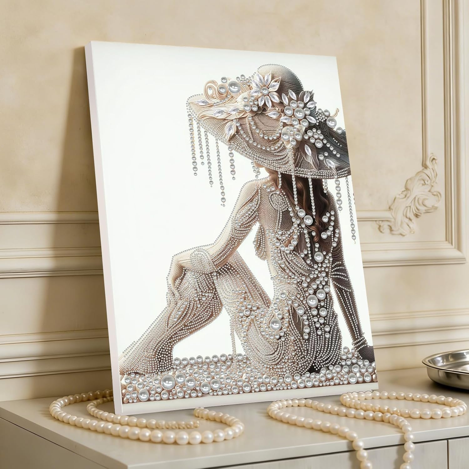 Pearl Painting Kit for Adults, 3D Diamond Art with Wooden Frame - DIY Pearl Diamond Painting Kits, Ready-to-Hang Ocean Art Craft for Home Wall Decor, Creative Gift for Women Beginners(Woman)(30*40cm)