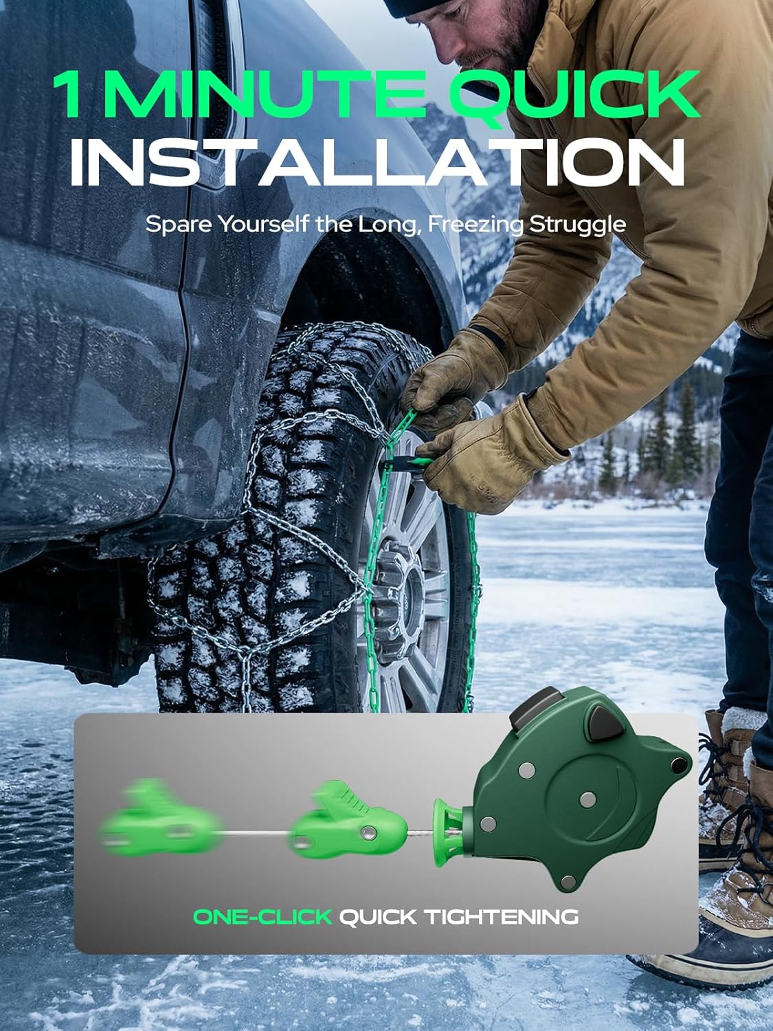 YHTAUTO Set of 2 Snow Chains 16mm for Pickup Truck SUV Passenger Car Universal Fit Tire Chains Auto-Tightening Quick Installation, Anti-slip Traction in Snow, Mud, Sand | SWC0006