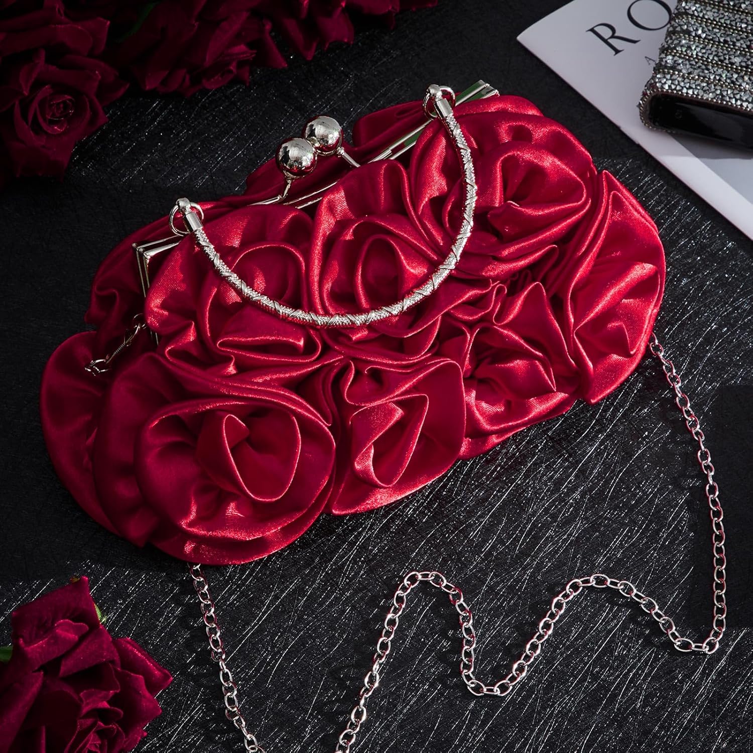 Women Evening Clutch, Small Floral Satin Purse with Detachable Strap for Valentine's Day Wedding Party Prom Gift - Image 3
