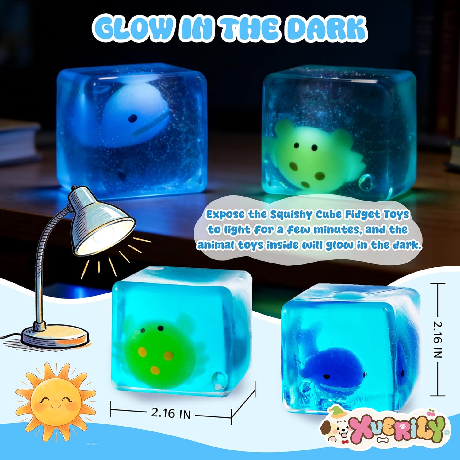 Squishy Stress Ball & Cube Fidget Toys Set - 4Pack Malt Sugar Squishy Toys,Glow in The Dark Fidget Cube Toys, Sensory Slow Rise Gel Ball for Kids and Adults, Party Favors & Gift Ideas