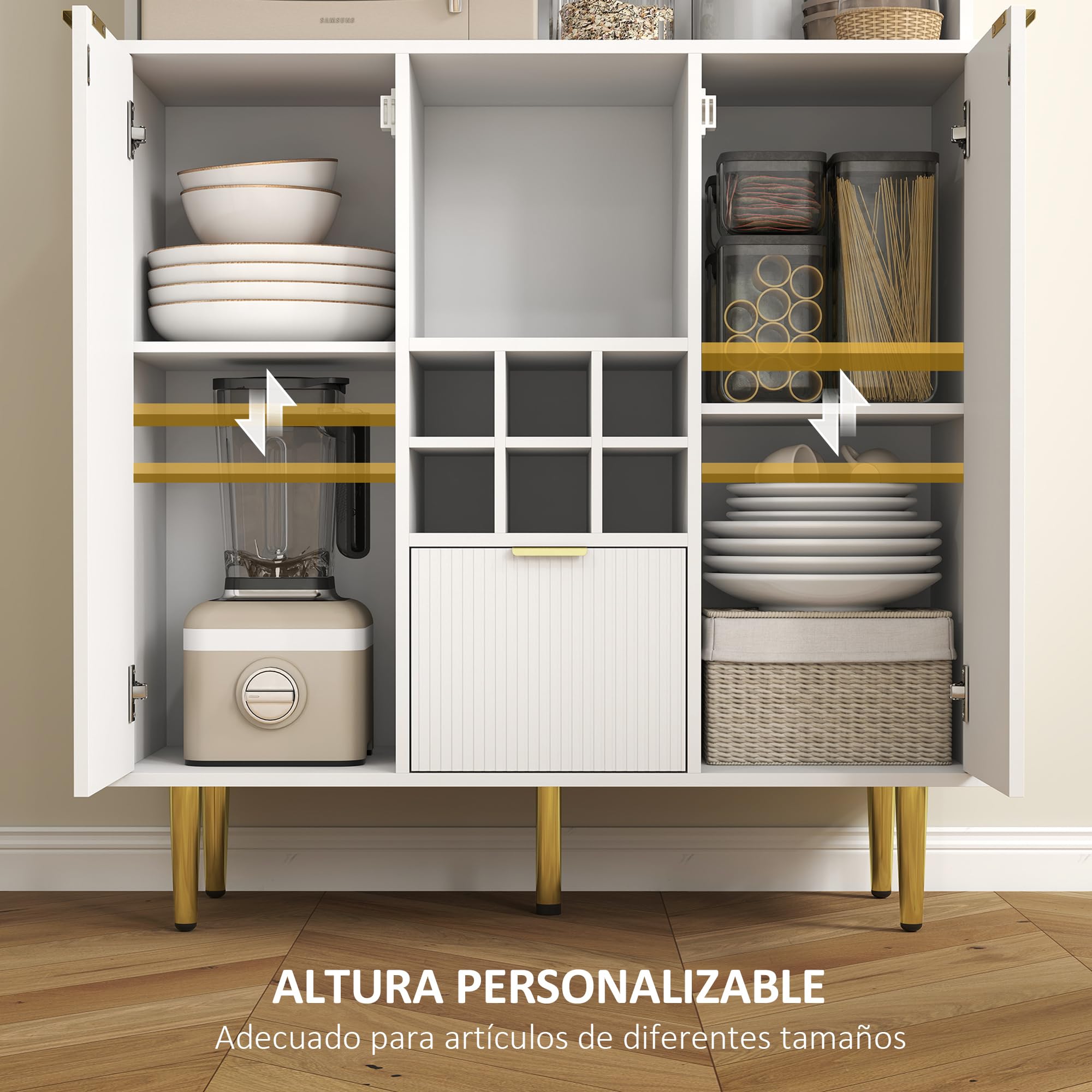 HOMCOM Alacena de Cocina Alto 3 Puertas de Vidrio 100x40x180 cm Blanco | Mueble Auxiliar de Cocina, Aparador, Botellero, Cajón, Estantes Ajustables, Compartimentos Abiertos