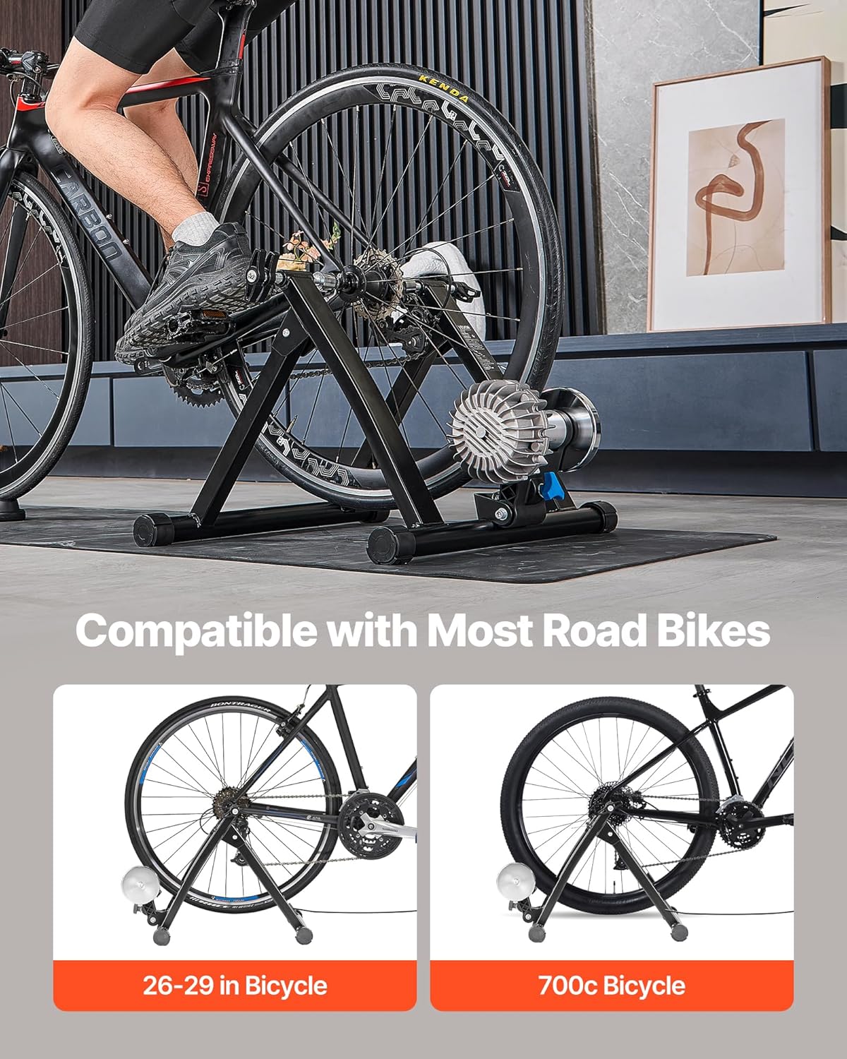VEVOR Bike Trainer, 26-29 Inch & 700C Wheels, Foldable Fluid Bicycle Stationary Trainer Stand for Indoor Exercise Riding with Quick Release Skewer & Front Wheel Riser Block, Fits Road Bikes, Black