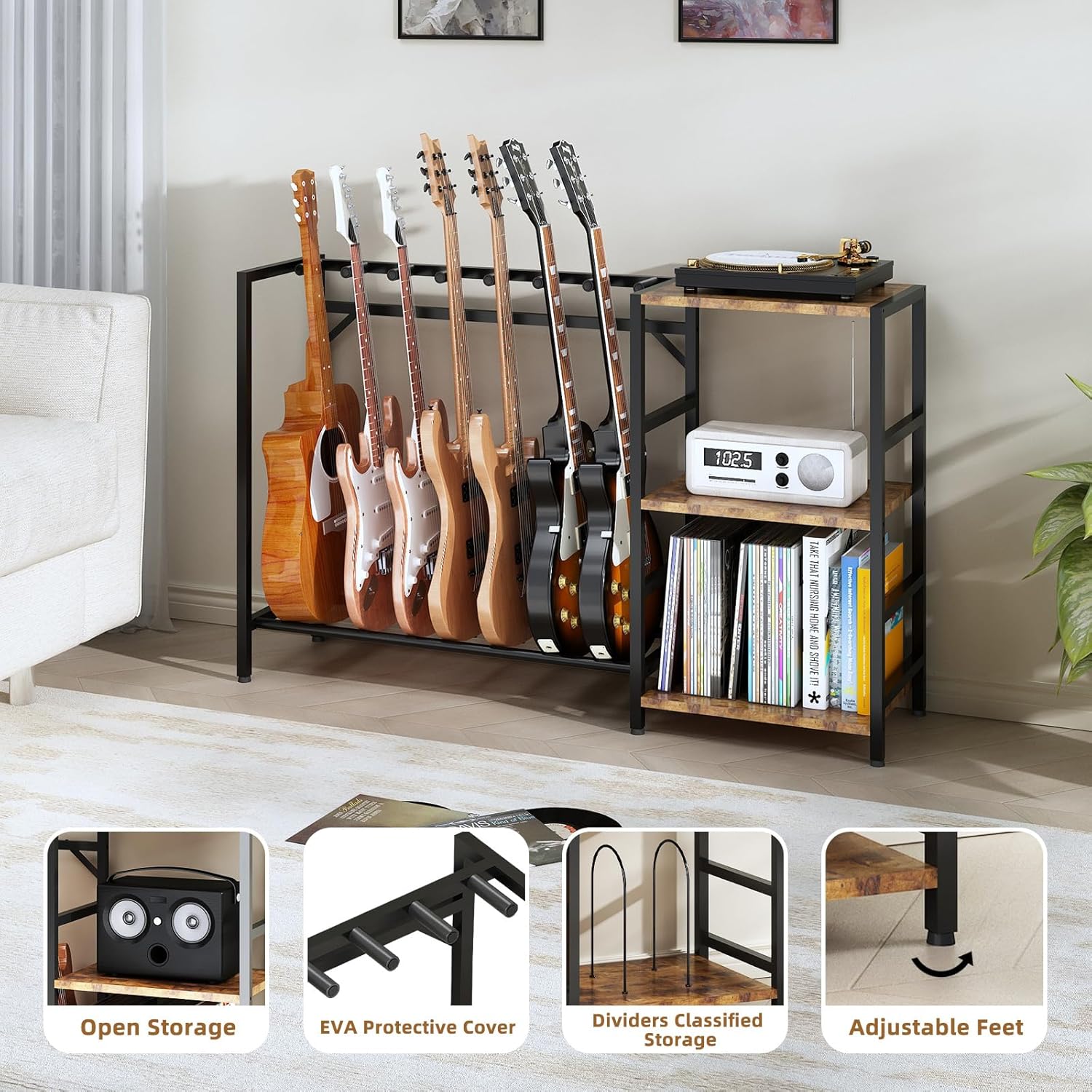 Record Player Stand with Guitar Stand, Record Player Table with Guitar Rack, Guitar Holder 7 Space for Multiple Guitars, Bass, Acoustic, Guitar Display for Home Music Studio, Brown