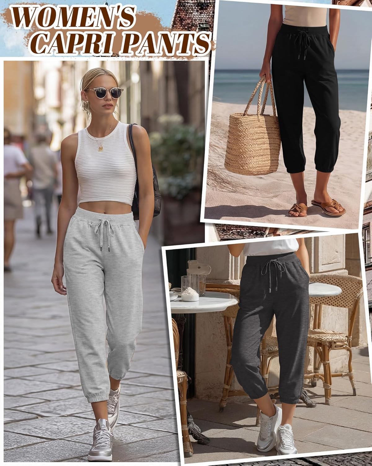 3 Pack Women's Capri Sweatpants Yoga Drawstring Workout Cropped Joggers Lounge Athletic Capri Pants with 3 Pockets