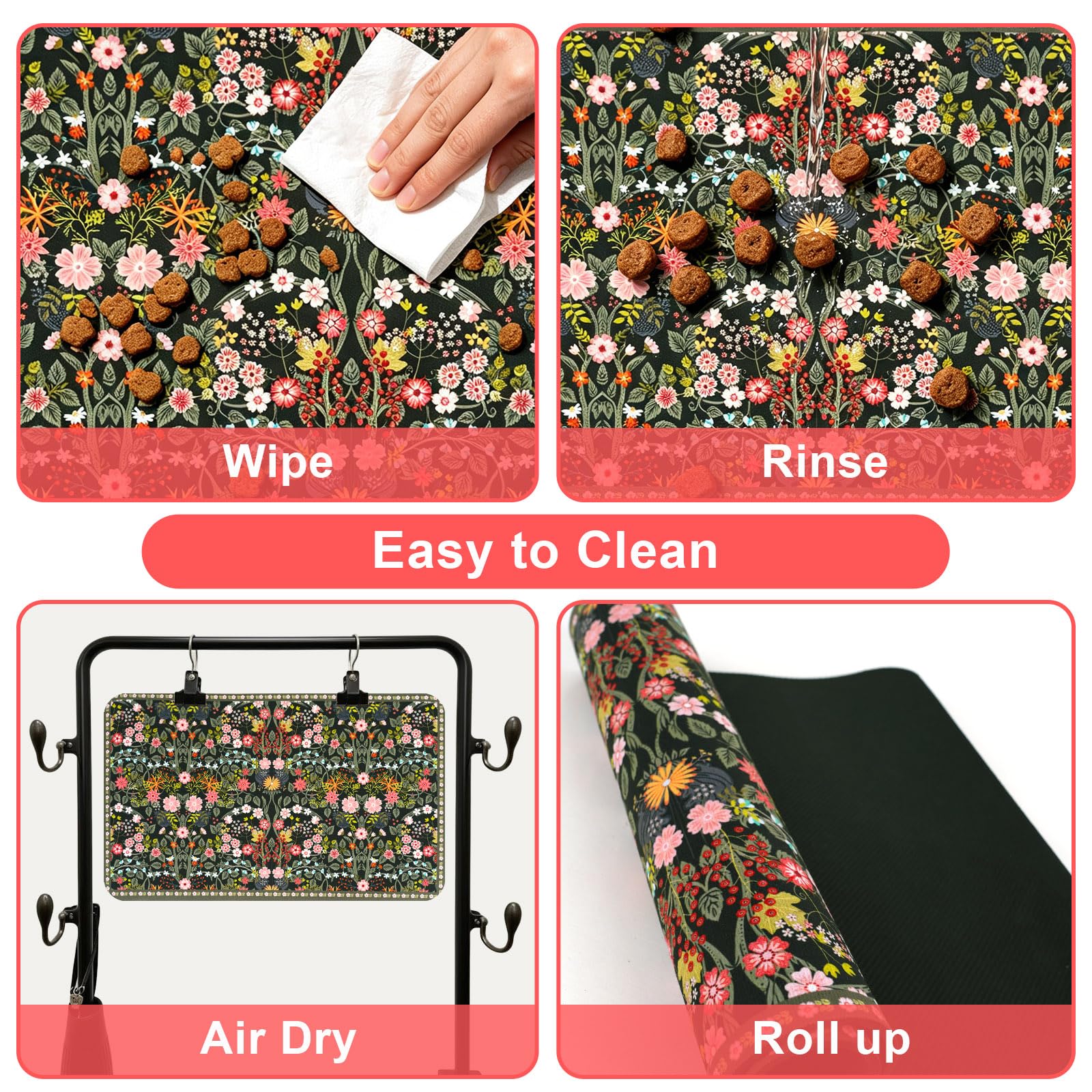 Tappetino per cibo per cani per pavimenti vintage boho floreale impermeabile per cibo per gatti e ciotole d'acqua – verde scuro assorbente ad asciugatura rapida antiscivolo tappetino per