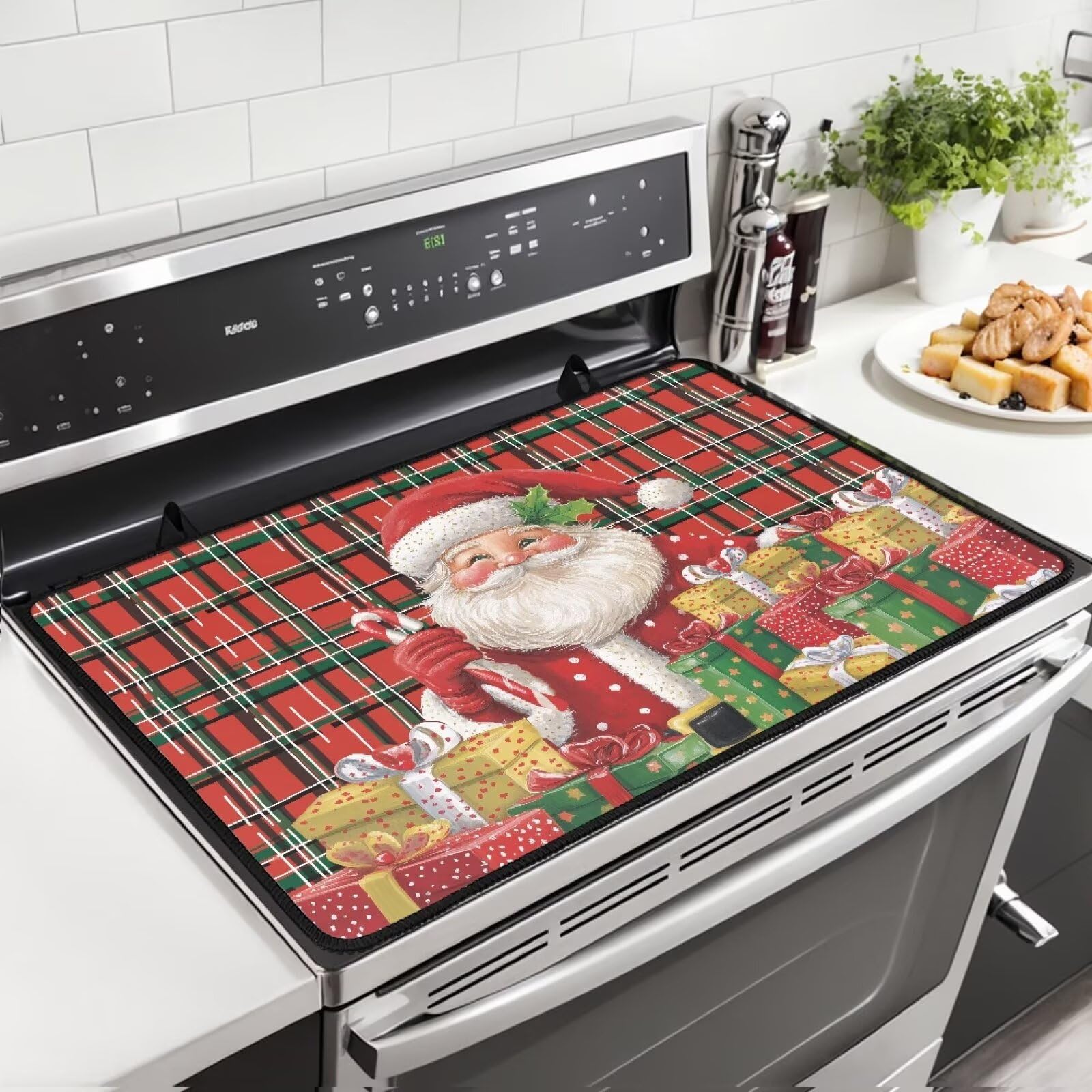Electric Stove Cover Mat, Stove Guard Top Protector with Hanging Loops, Heat Resistant Glass Cooktop Cover, Thick Dish Drying Mats Christmas Santa Claus