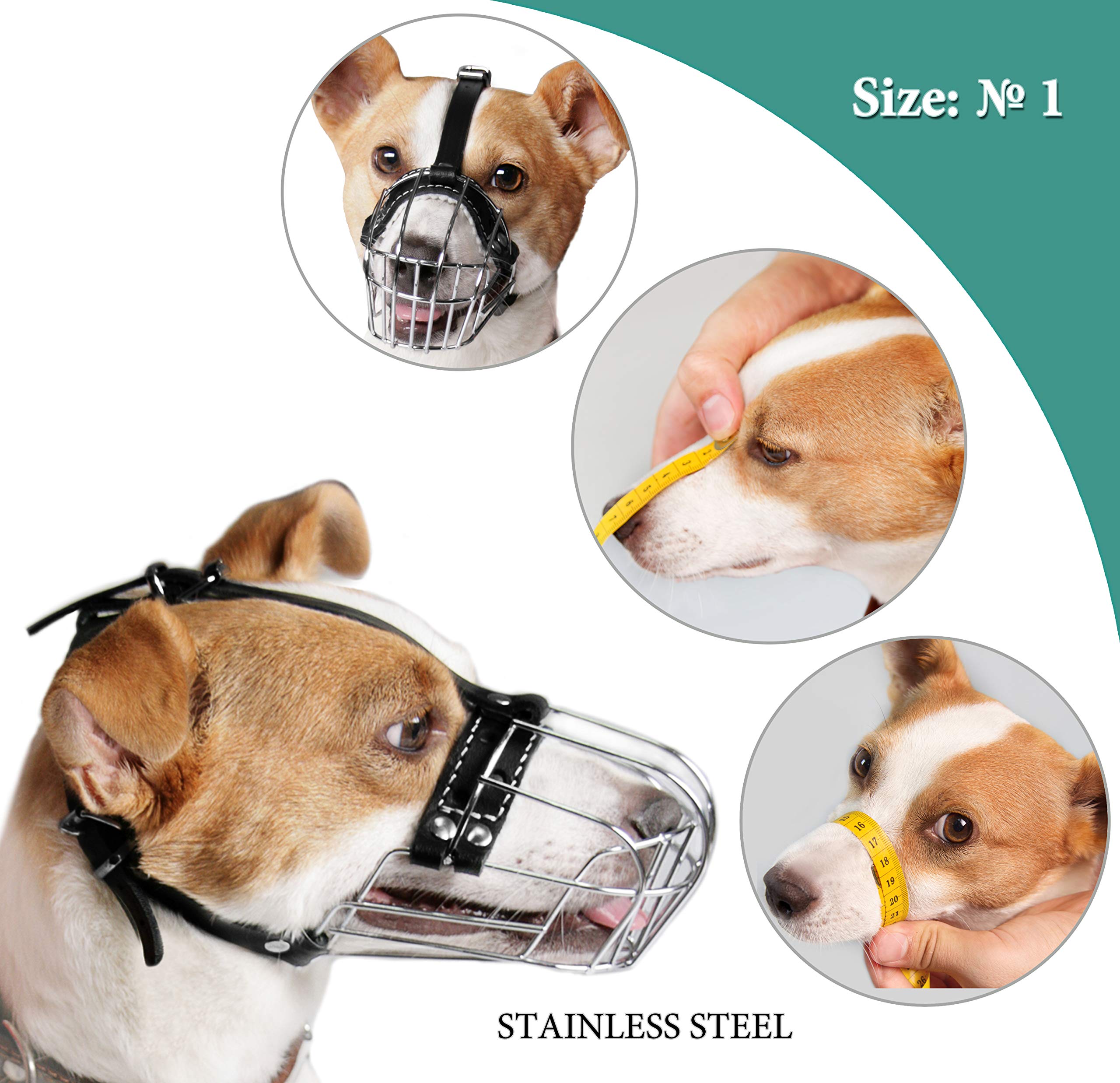 Bozales de Metal Cromado para Perros, Correas de Cuero Ajustables (№1) La Circunferencia es de 16,8-19,8 cm, la Longitud es de 6,4-6,9 cm