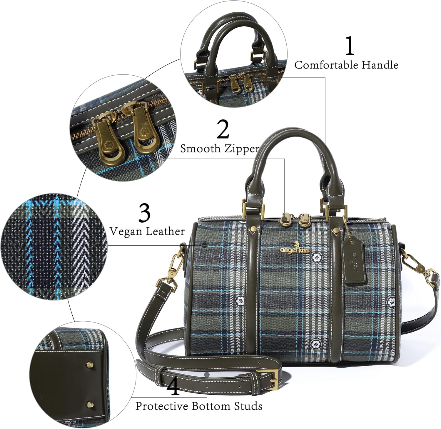 Angel Kiss Women Satchel Purses and Handbags Vegan Leather Boston Barrel Bag Top Handle Shoulder Purse with Crossbody Strap | Vegan Leather, Top Handle, Crossbody Strap - Image 6