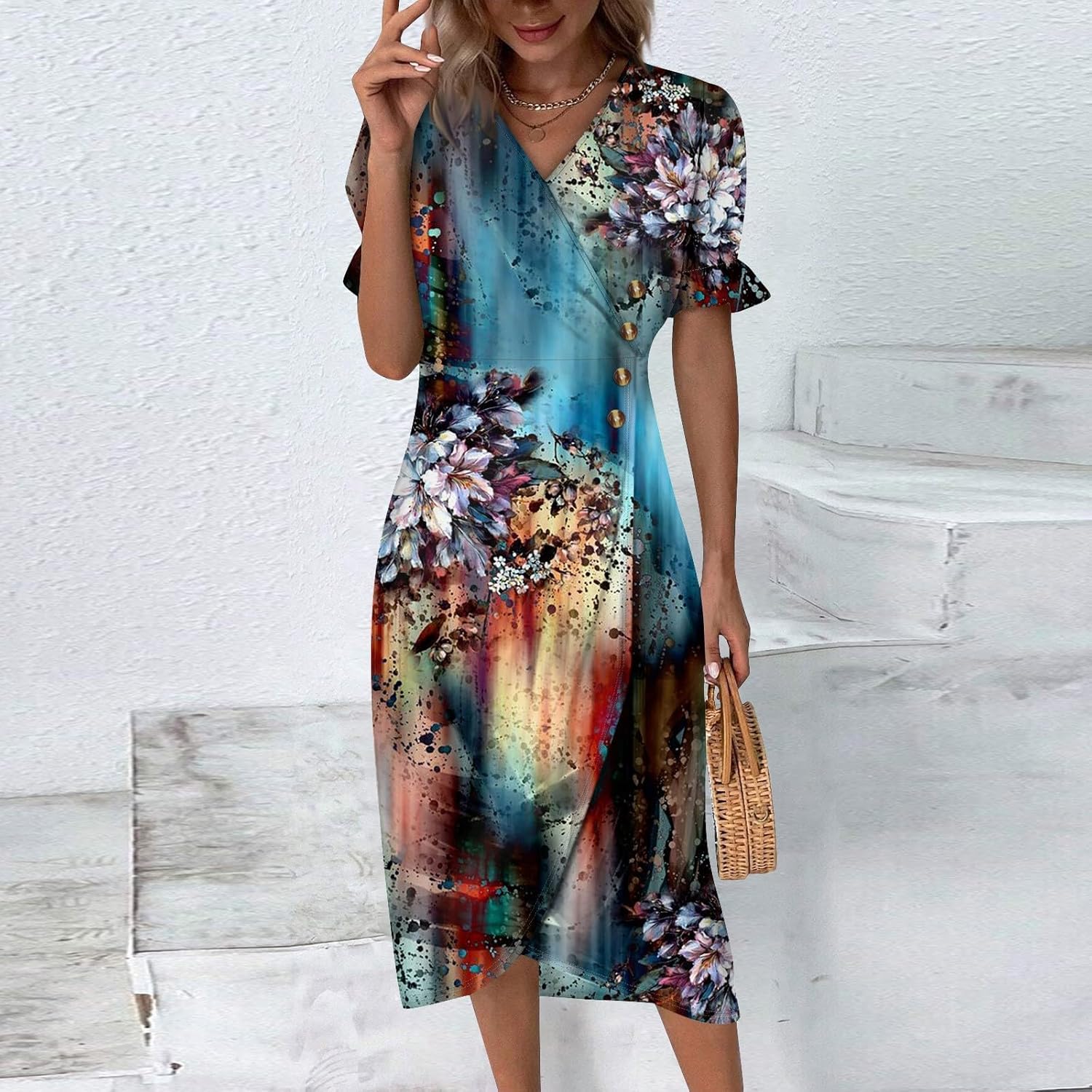 BAXLIMEK Beach Dresses for Women,2025 Spring Summer Trendy Floral Print Boho Dress,Elegant V Neck Ruffle Short Sleeve Midi Dress,Ruched Button Irregular Hem Vacation Dress Resort Wear(B-Navy,M)