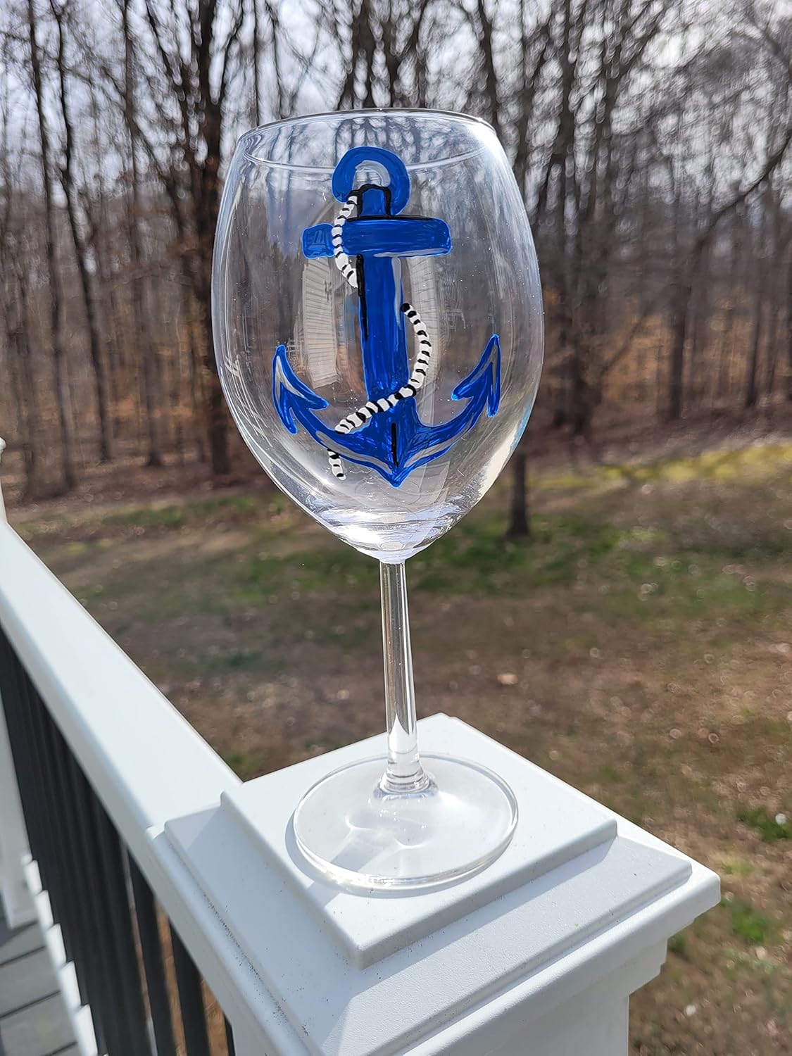 Blue Anchor Hand Painted Set of 2 Stemmed Wine Glasses Nautical Decor