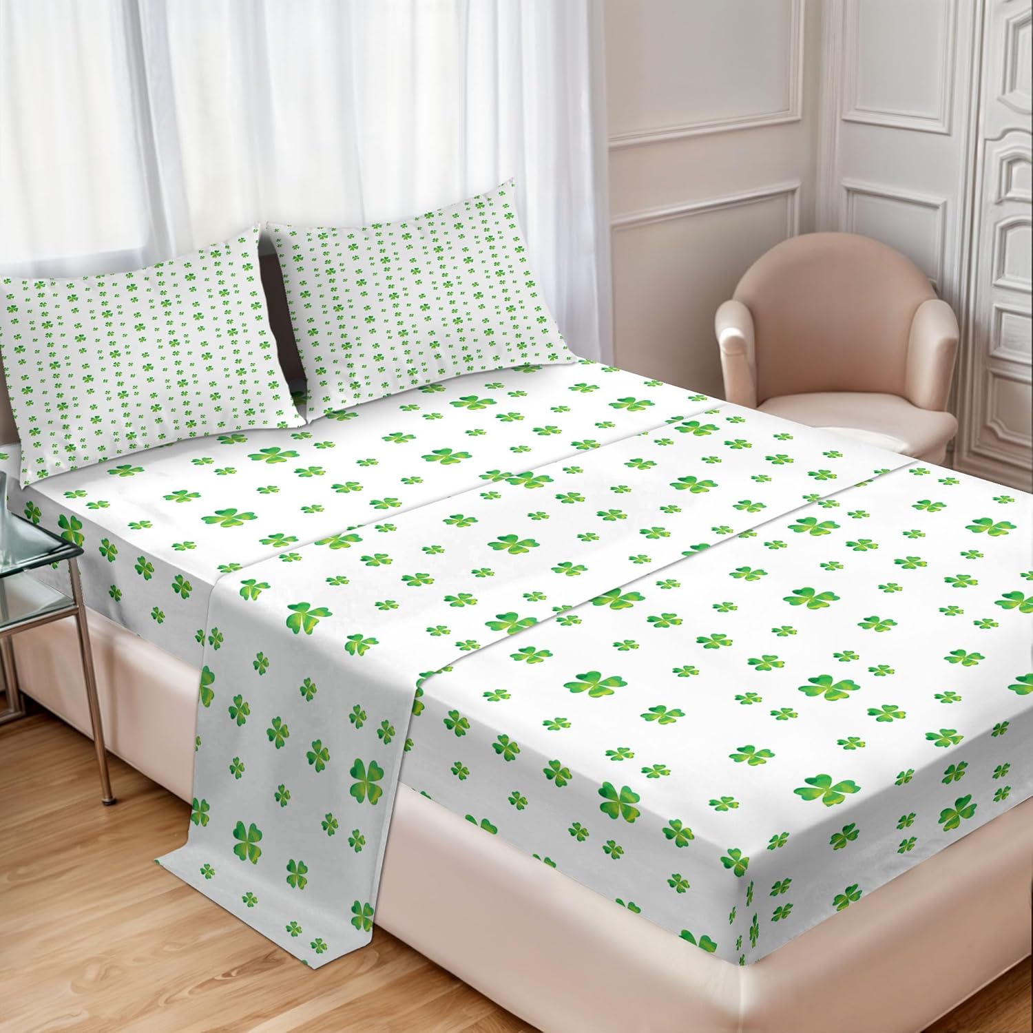 Ambesonne Shamrock Sheet Set, Saint Patrick Day Theme with Clover Leaf Royal Irish Tradition Classic Pattern, Fitted and Flat Sheet with Pillowcases Bedding Accent 4 Piece Set, Full, Green White