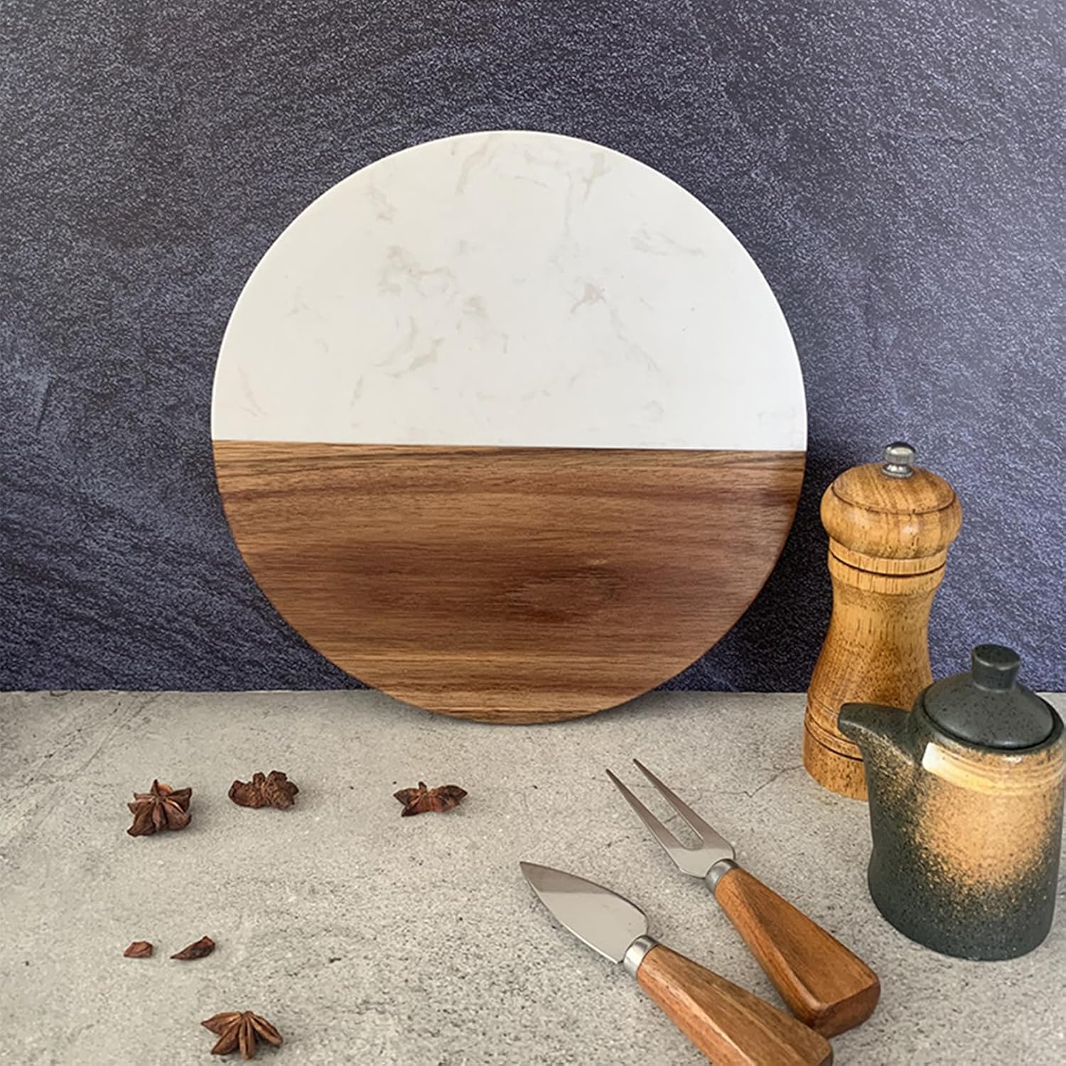Wooden Chopping Board, 9.8" Marble Cheese Board and Acacia Wood Serving,Stone,Handcrafted Round Tray