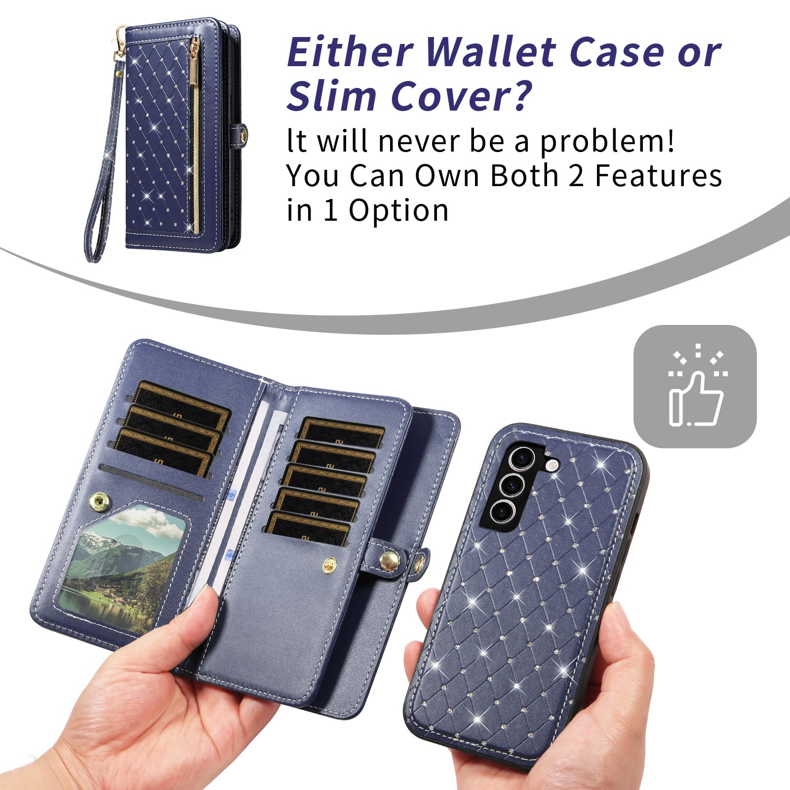Custodia per Samsung Galaxy S23 Plus S23+5G con cerniera a portafoglio staccabile con pellicola protettiva per lo schermo a tracolla Bling Flip porta carte di credito S23plus 23S + S 23 23+ SM-S916U