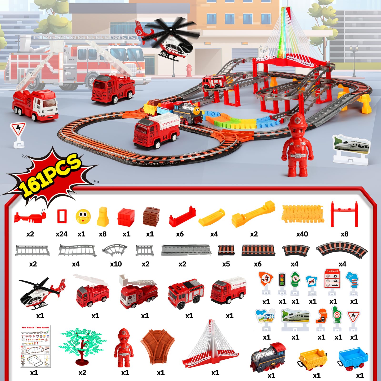 JONRRYIN Trenino Elettrico per Bambini, 161Pezzi Giocattolo Pista Macchinine, Pista Treno e Auto Elettrico a Tema Pompieri con 4 Camion dei Pompieri, Giocattolo di Costruzione per Bambini 4 5 6 Anni