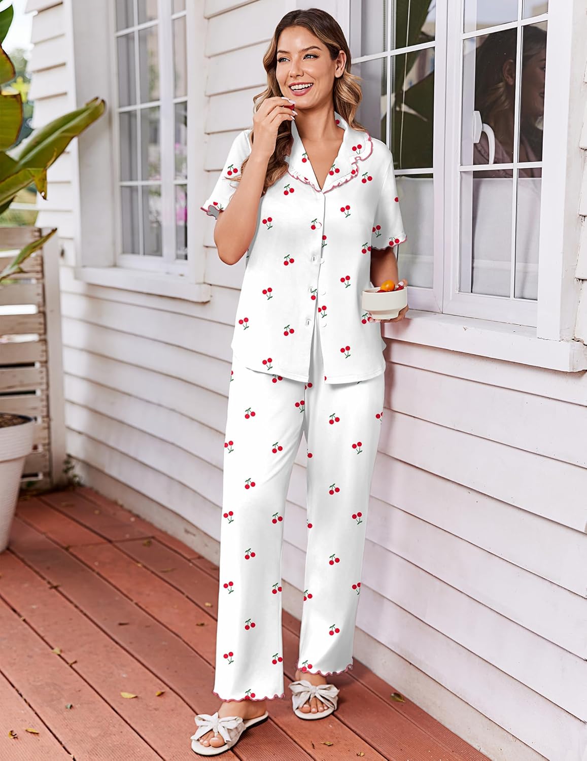 Ekouaer Womens Pajama Sets Ruffle Sleeve Printed PJs 2 Piece Button Down Sleepwear Comfy Loungewear with Pockets