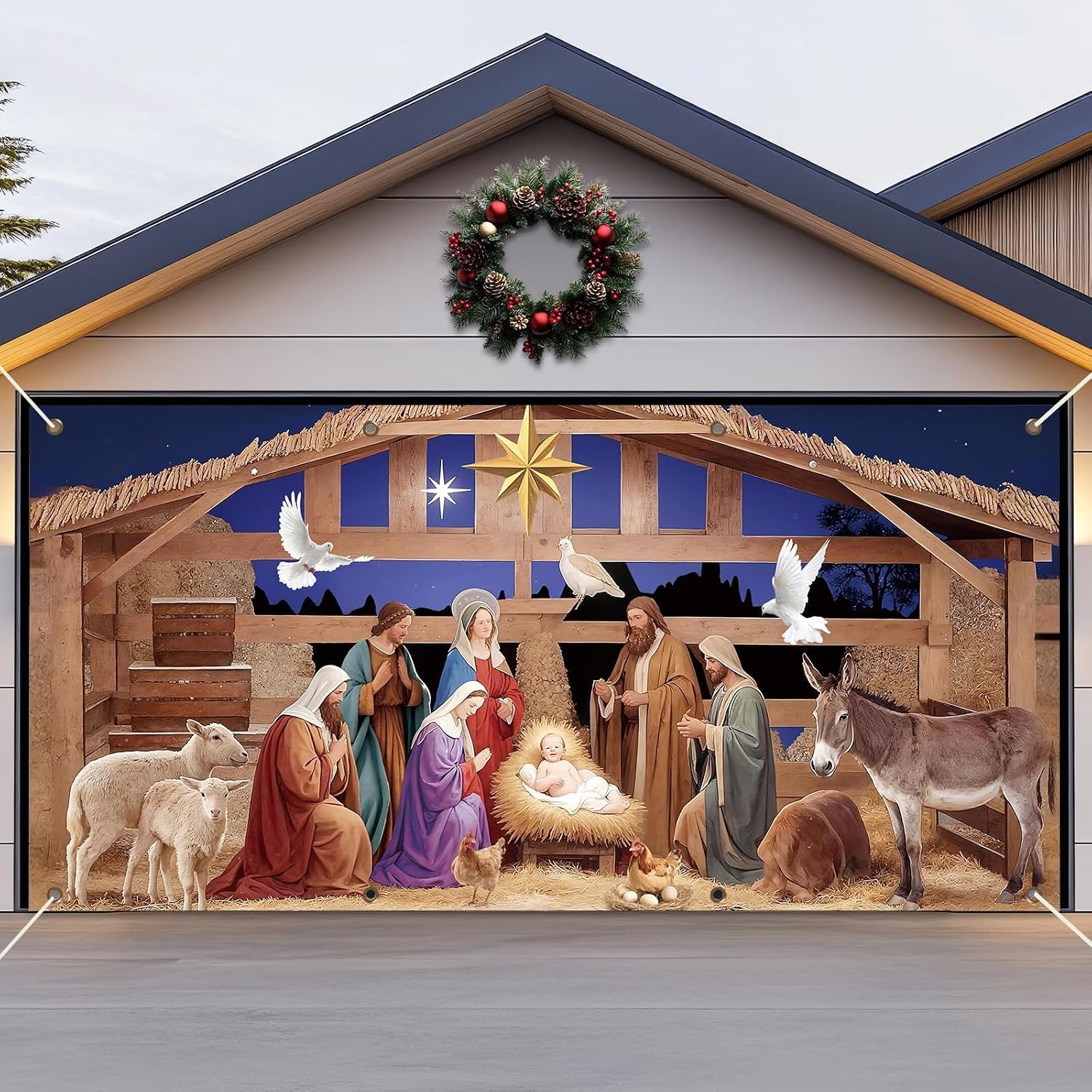 16x7ft Christmas Garage Door Banner Nativity Garage Door Covers Large Holy Nativity Stable Scene Christmas Backdrop Decorations for Winter Church Xmas Eve Holiday Outdoor Wall Decor(Religious)