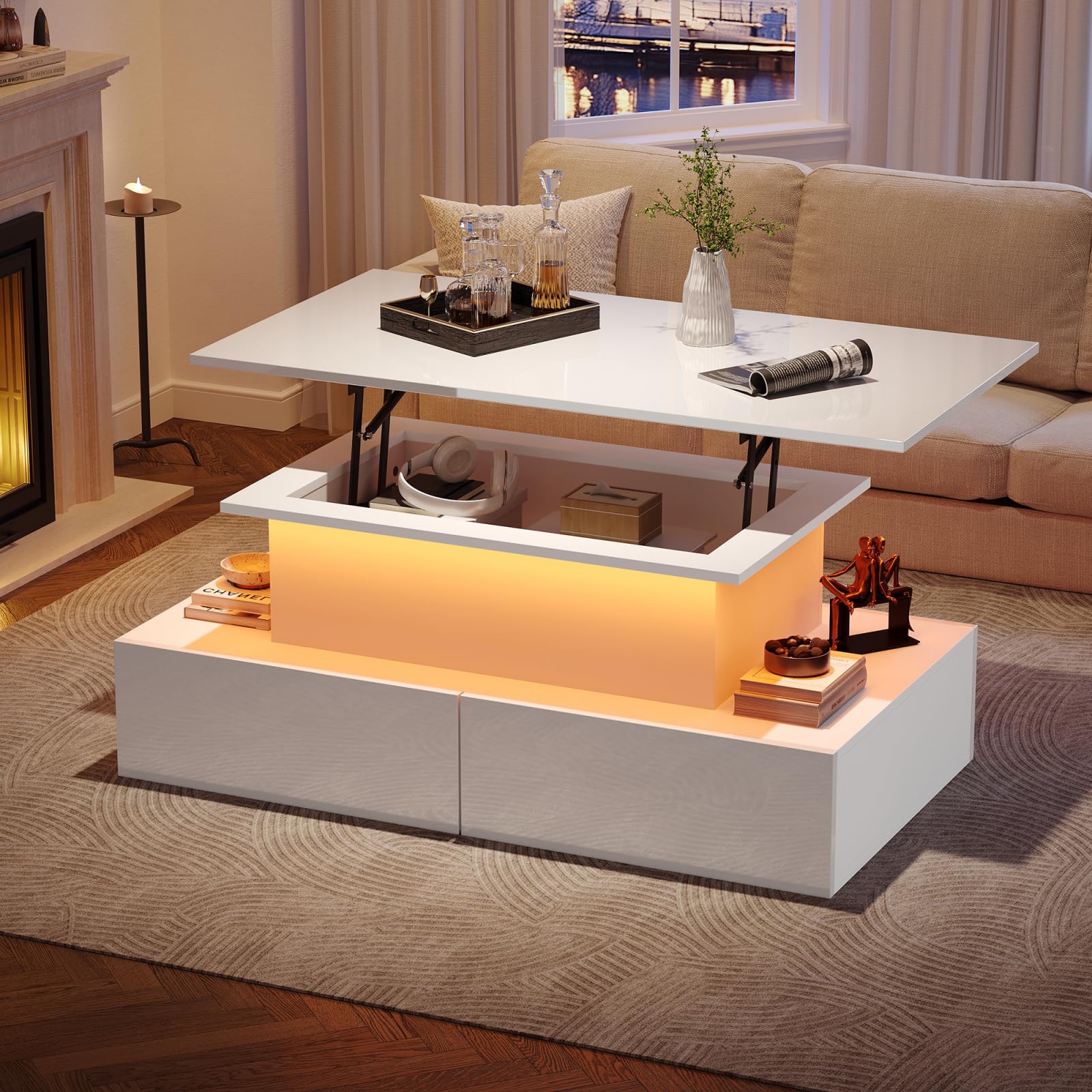 Couchtisch Höhenverstellbar, Couchtisch Holz mit Hebeplatte, 4 Schubladen und Offenem Stauraum, Wohnzimmertisch mit LED-Beleuchtung und Bluetooth-APP-Steuerung, Weißer Kaffeetisch für Wohnzimmer