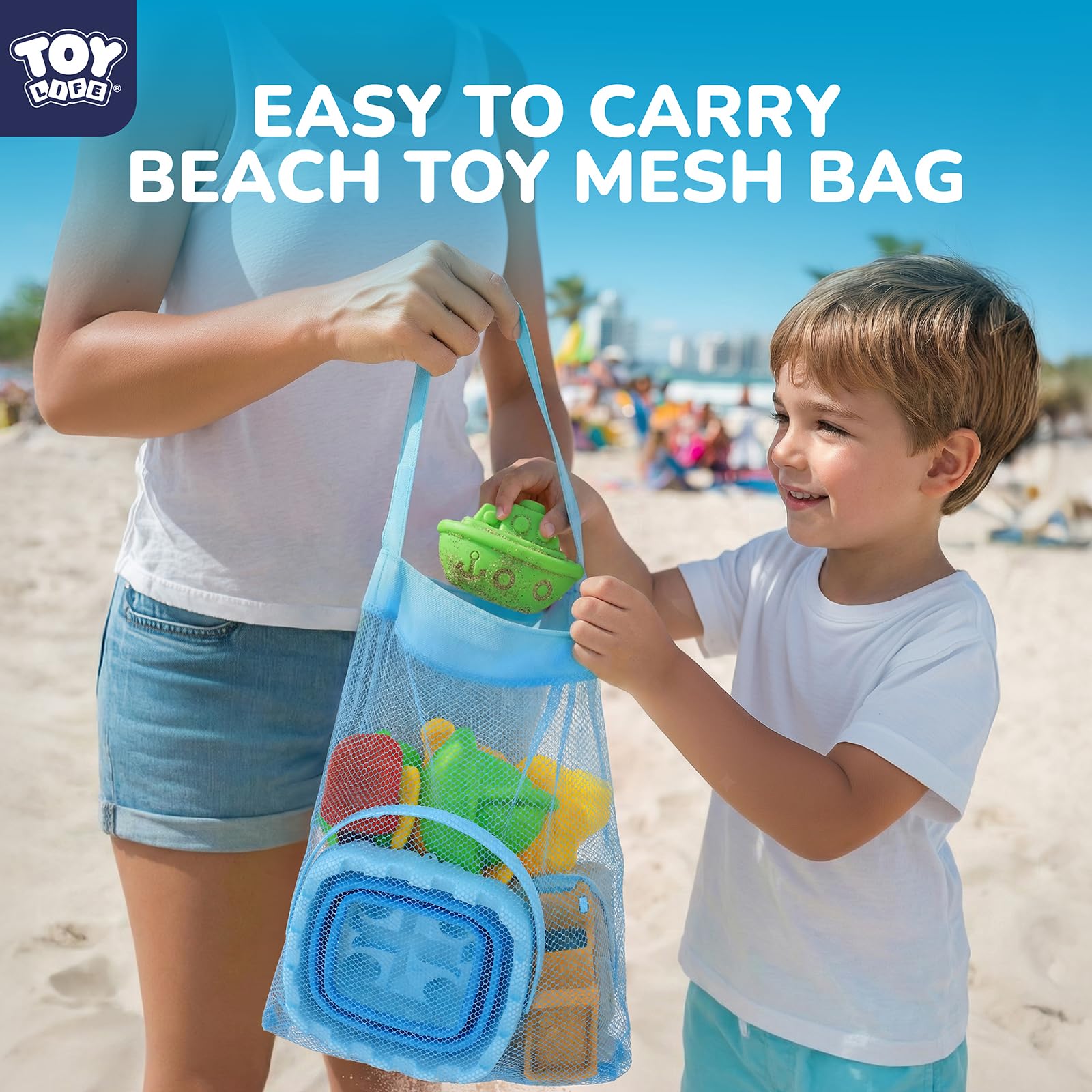 TOY Life Sandspielzeug-Set für Kinder, mit faltbarem Eimer, Transportformen, Auto, Straßenwalze, 2 Schaufeln, Netztasche