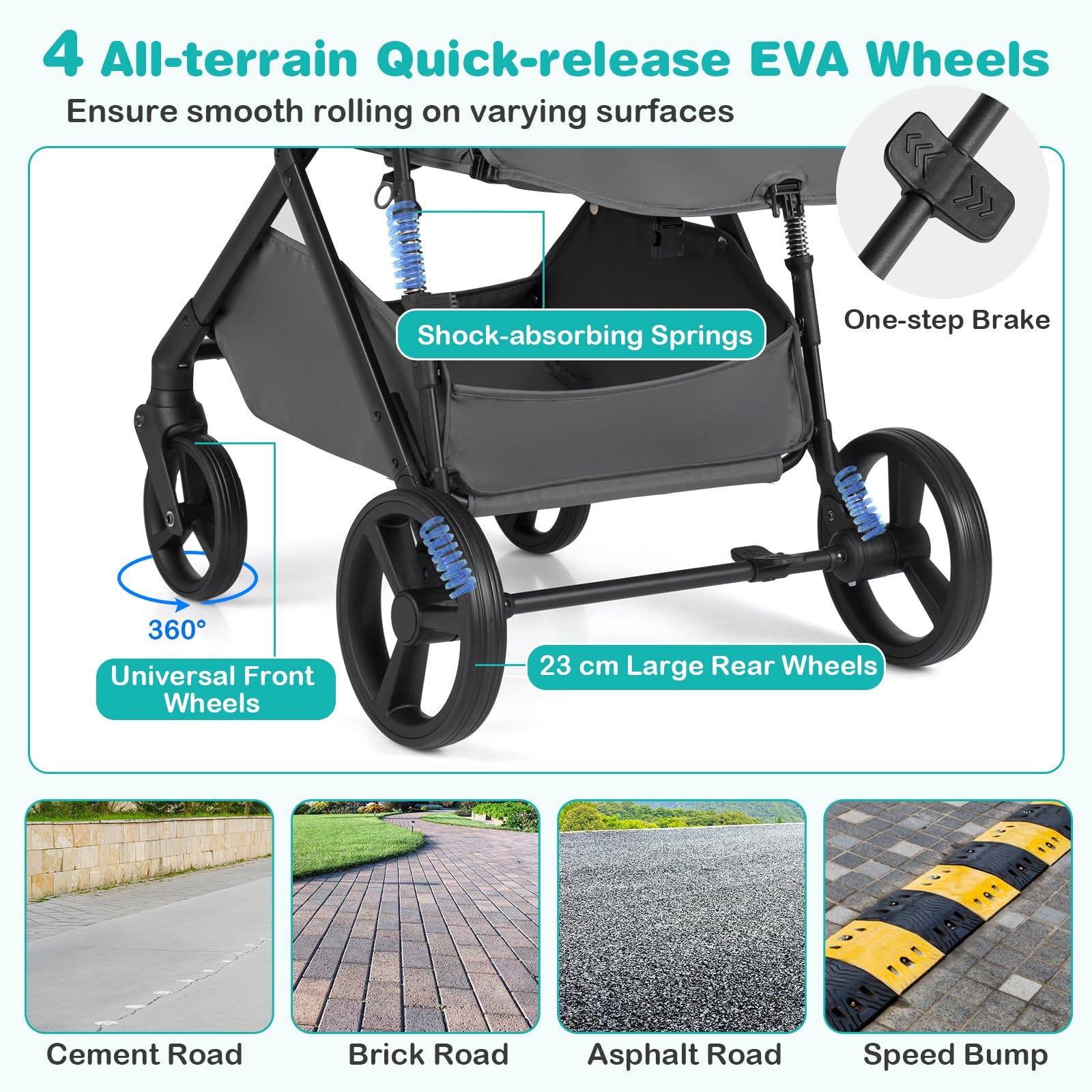 COSTWAY 3 in 1 Baby Stroller, Foldable Travel System Pram with Reversible Seat, Adjustable Canopy & Backrest, Mesh Net, Storage Basket, Lightweight Infant Newborn Pushchair for 0-36 Months (Grey) - 5