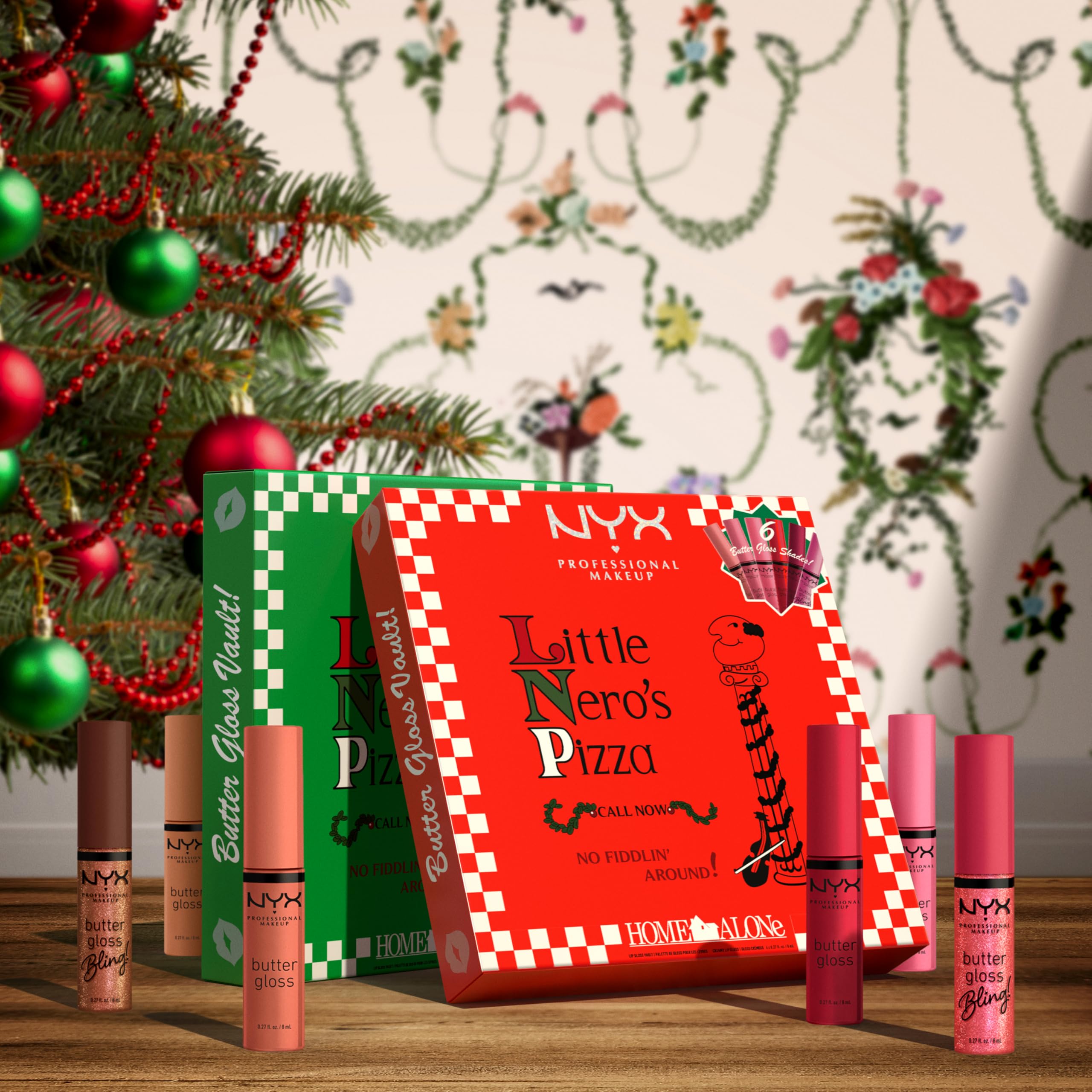 NYX Professional Makeup Home Alone Lipglosse in Pizzaschachtel, Mit glänzendem Finish und nicht klebriger Formel, Butter Gloss Pizza Vault, 6 Stück, 5 Pink-/Rottöne und Butter Gloss Bling