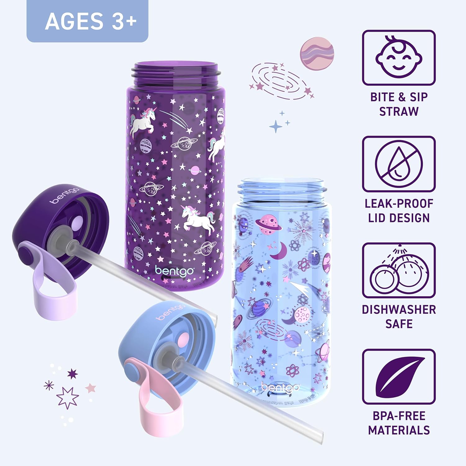 Bentgo Kids Water Bottle 2-Pack - Leak-Proof Durable Tritan BPA-Free 15 oz Cup for Kids/Toddlers Ages 3+; Bite & Sip Spout + Dishwasher Safe for School/Sports/Daycare/Camp (Unicorn/Lavender Galaxy) - Image 3