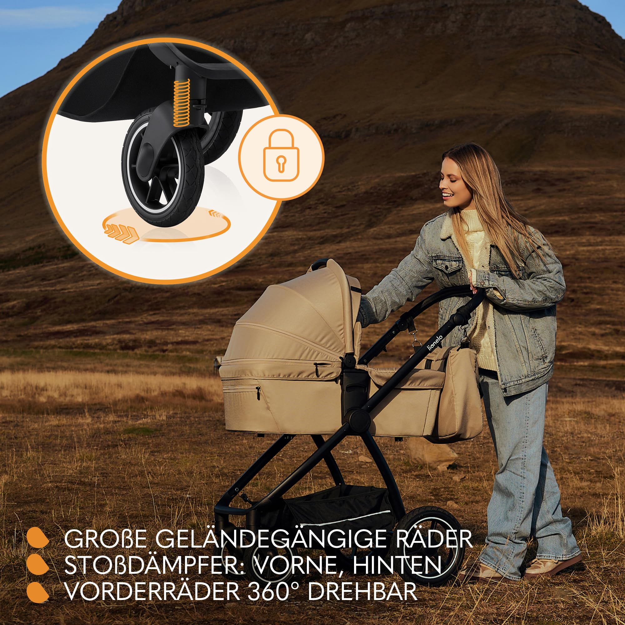 LIONELO MERIL 3-in-1 Multifunktionaler Kinderwagen 0-48 Monate bis 22 kg, Geländeräder 360°, UPF50+
