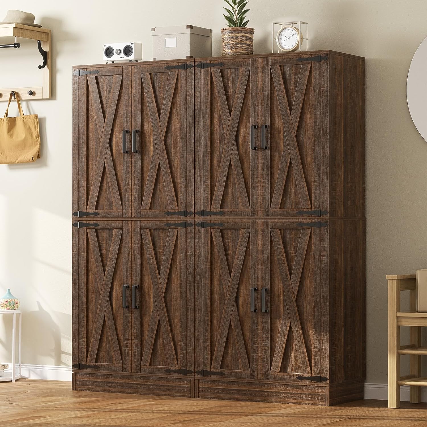 Unikito 71" Tall Kitchen Pantry Cabinet with Farmhouse Barn Doors and Storage Drawer, 8 Adjustable Shelves, Freestanding Cupboard for Dining Room, Living Room, Utility Room, Weathered Brown 2 Pack
