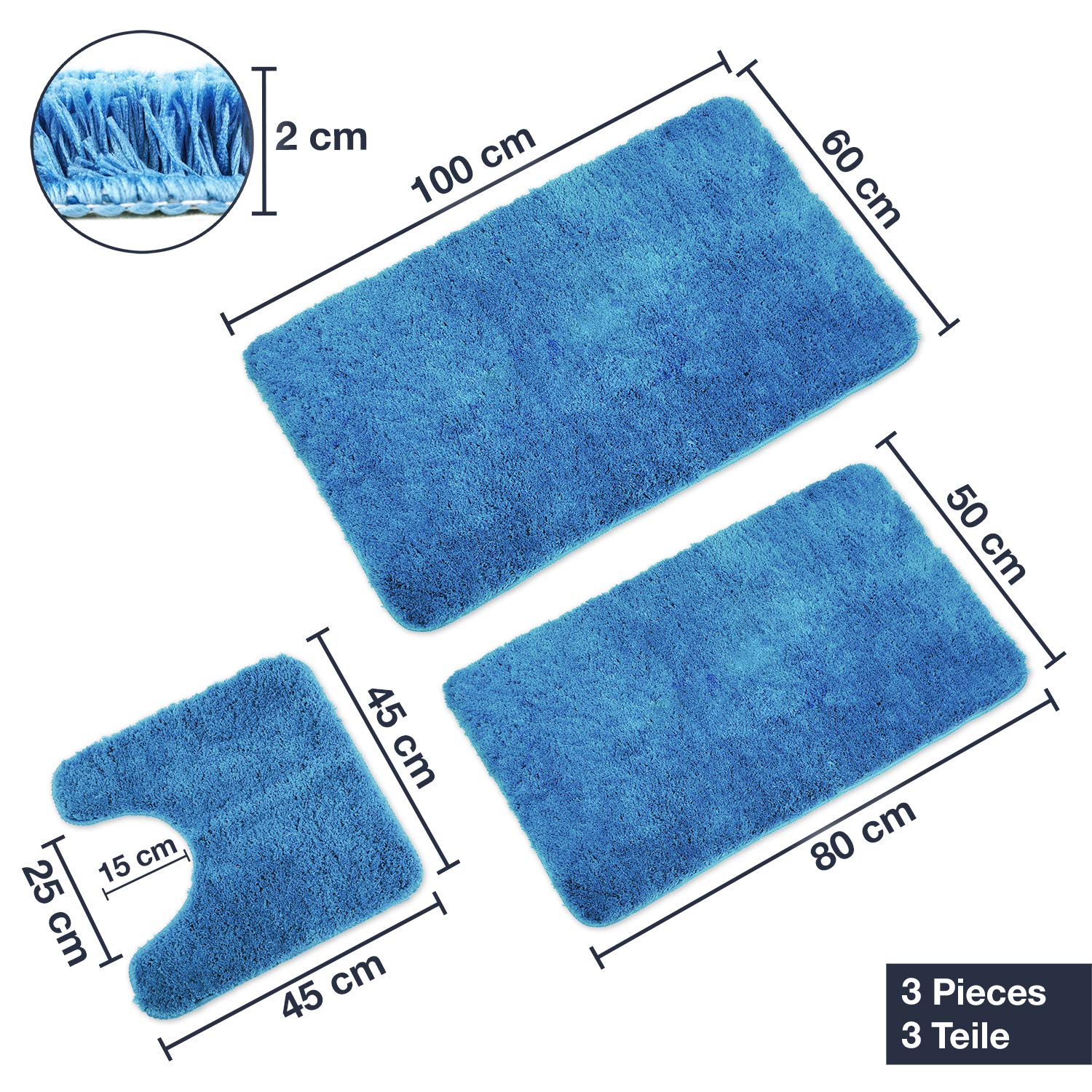 WohnDirect Alfombrilla de baño Conjunto - Alfombra baño Juego - Antideslizante - Lavable - Alfombra para el Cuarto de baño - Azul - 50 x 80 cm+ 60 x 100 cm + 45 x 45 cm con Recorte | Juego de alfombrillas de baño de pelo largo con cuello en U, con certifi