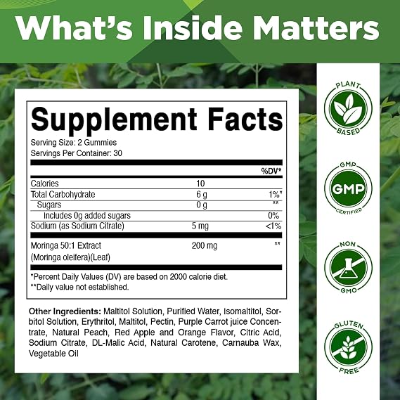 Vitamatic Moringa Gummies Sugar-Free Botanical Extract Green Superfood Supplement Vegan, Pectin-Based, Non-GMO Plant-Based Gummies 60 Count