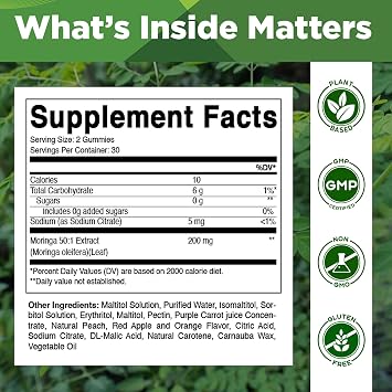 Vitamatic Moringa Gummies Sugar-Free Botanical Extract Green Superfood Supplement Vegan, Pectin-Based, Non-GMO Plant-Based Gummies 60 Count