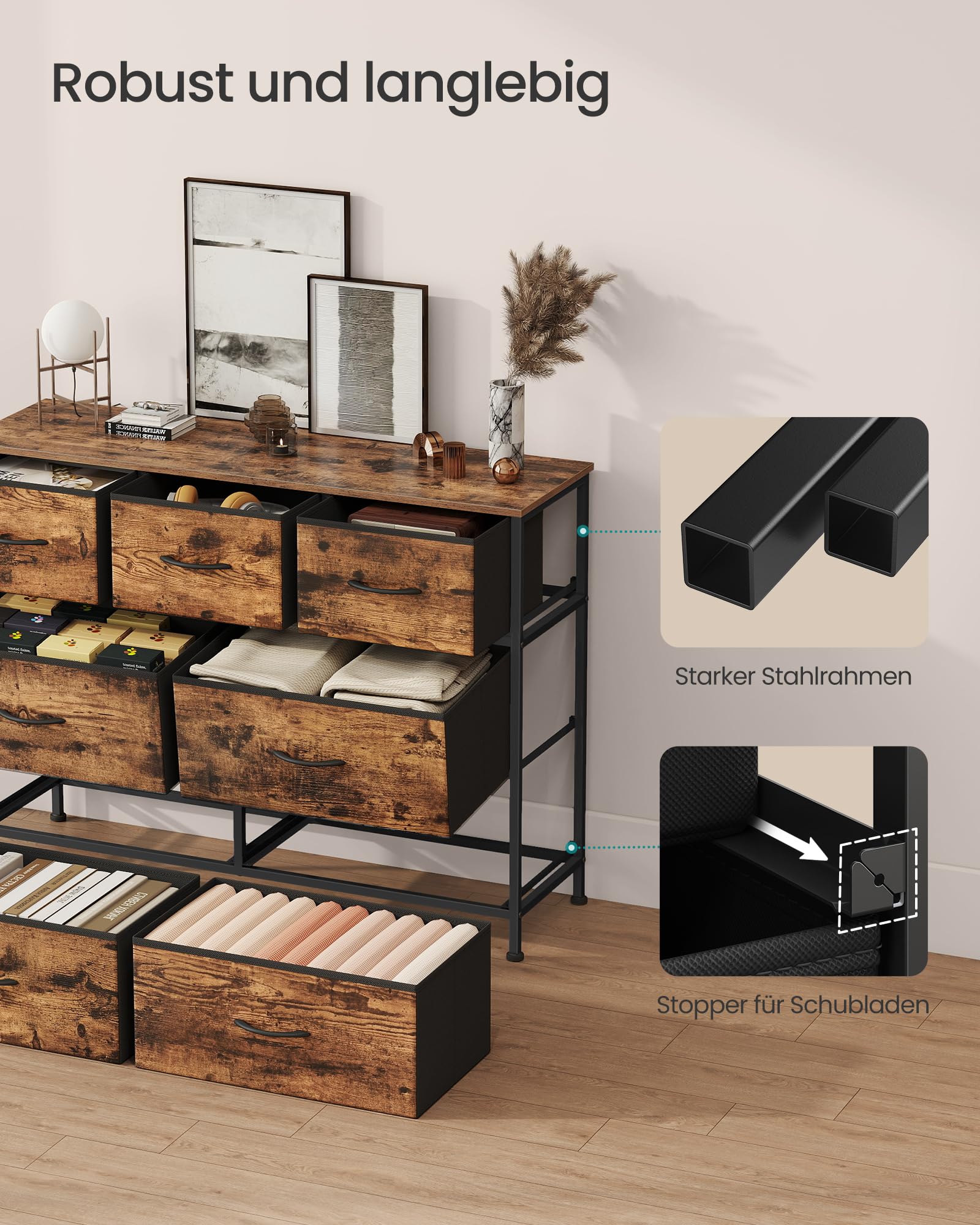 SONGMICS BELLAH Kollektion - Kommode, Schrank, Aufbewahrungsschrank, Stahl, für Schlafzimmer, Flur, Wohnzimmer, 7 Schubladen, Industrie-Stil, vintagebraun-tintenschwarz LGS323BH04