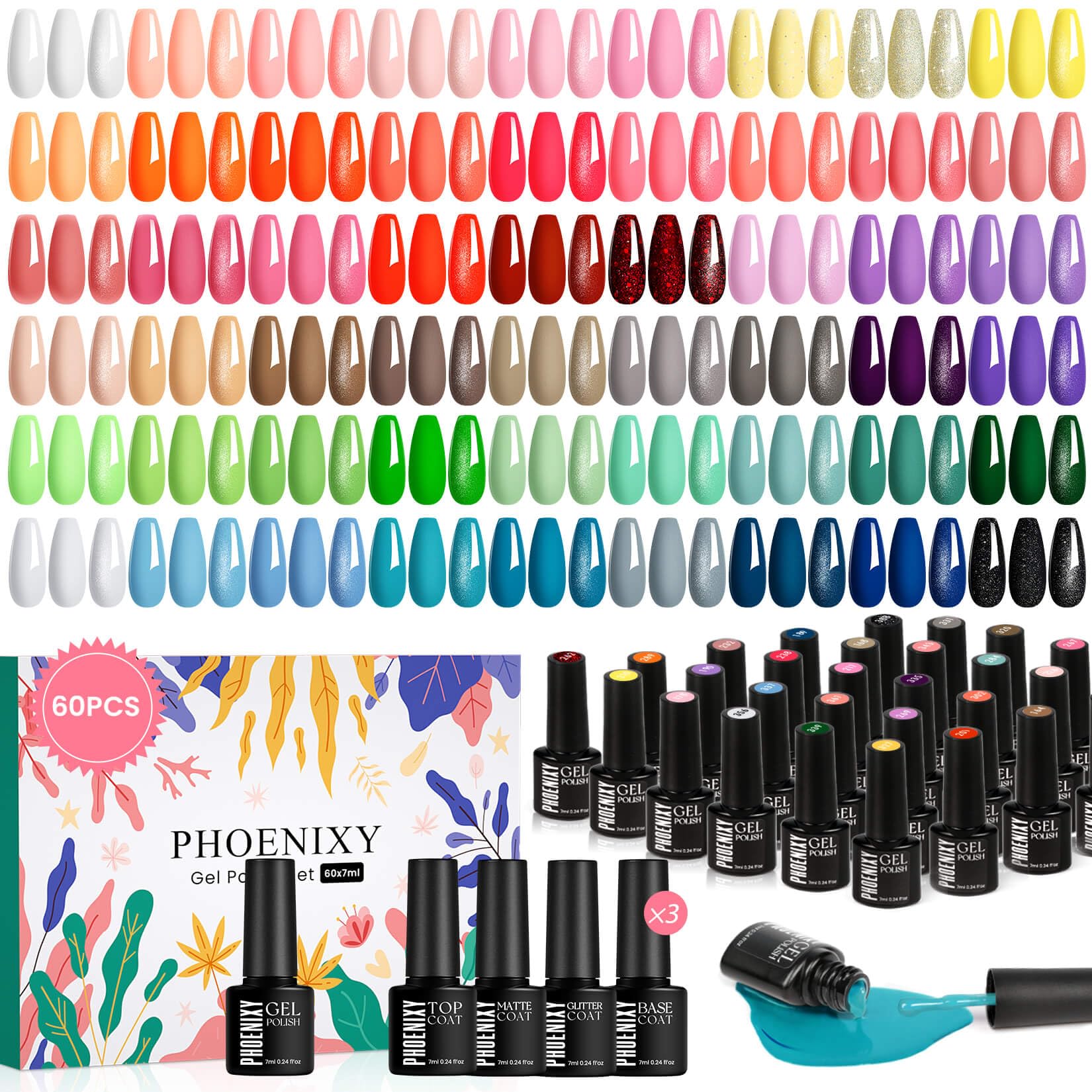 Phoenixy Vernis Semi Permanent, 60PCS Kit Vernis Semi Permanent avec Base et Top Coat de Pailleté Glossy Matte Jaune Rouge Vert Bleu Vernis à Ongles Cadeau Pour Femmes