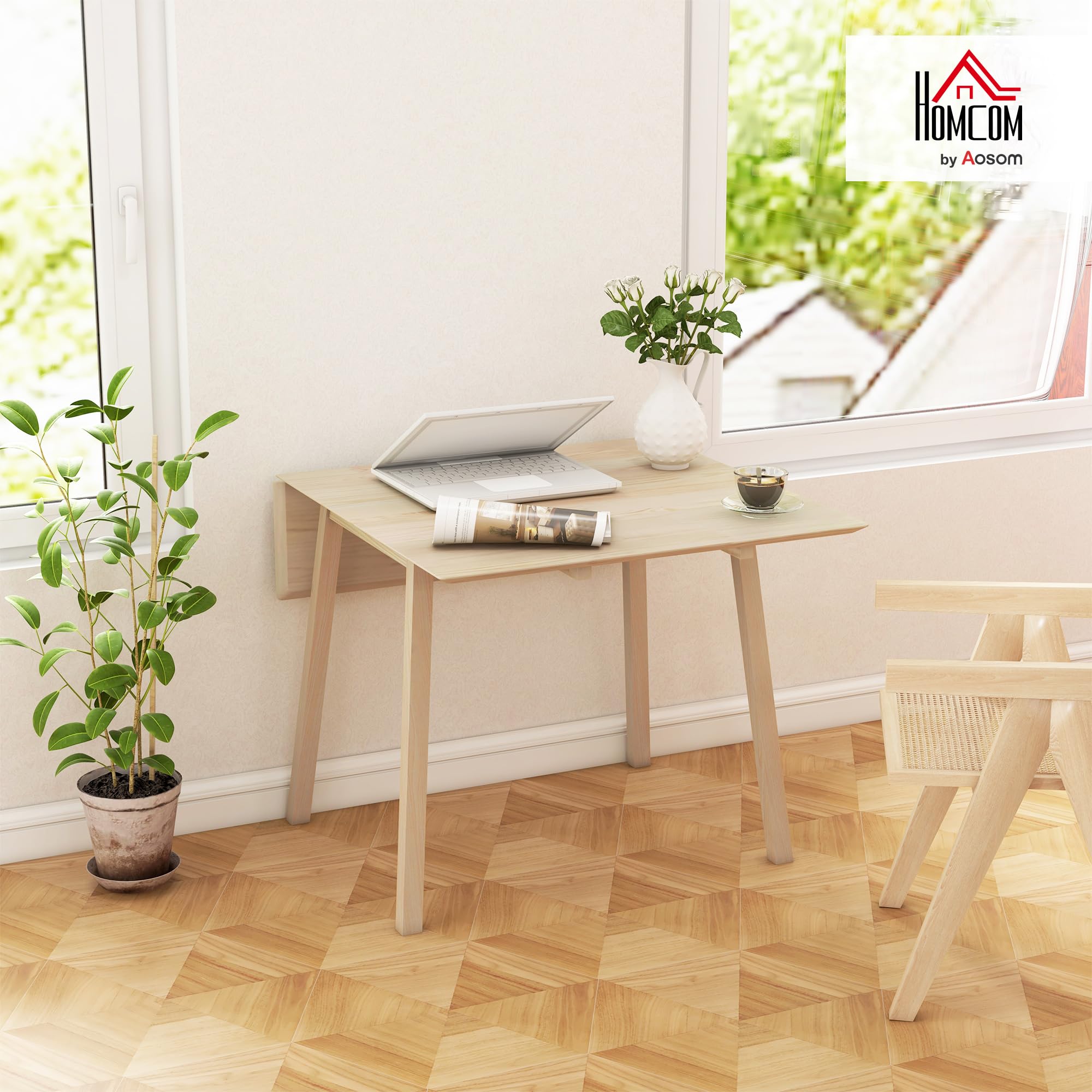 HOMCOM Table de Cuisine Pliable Table à Manger Pliante avec Plateau Rabattable en Bois pour 2 à 4 Personnes, Bois Naturel