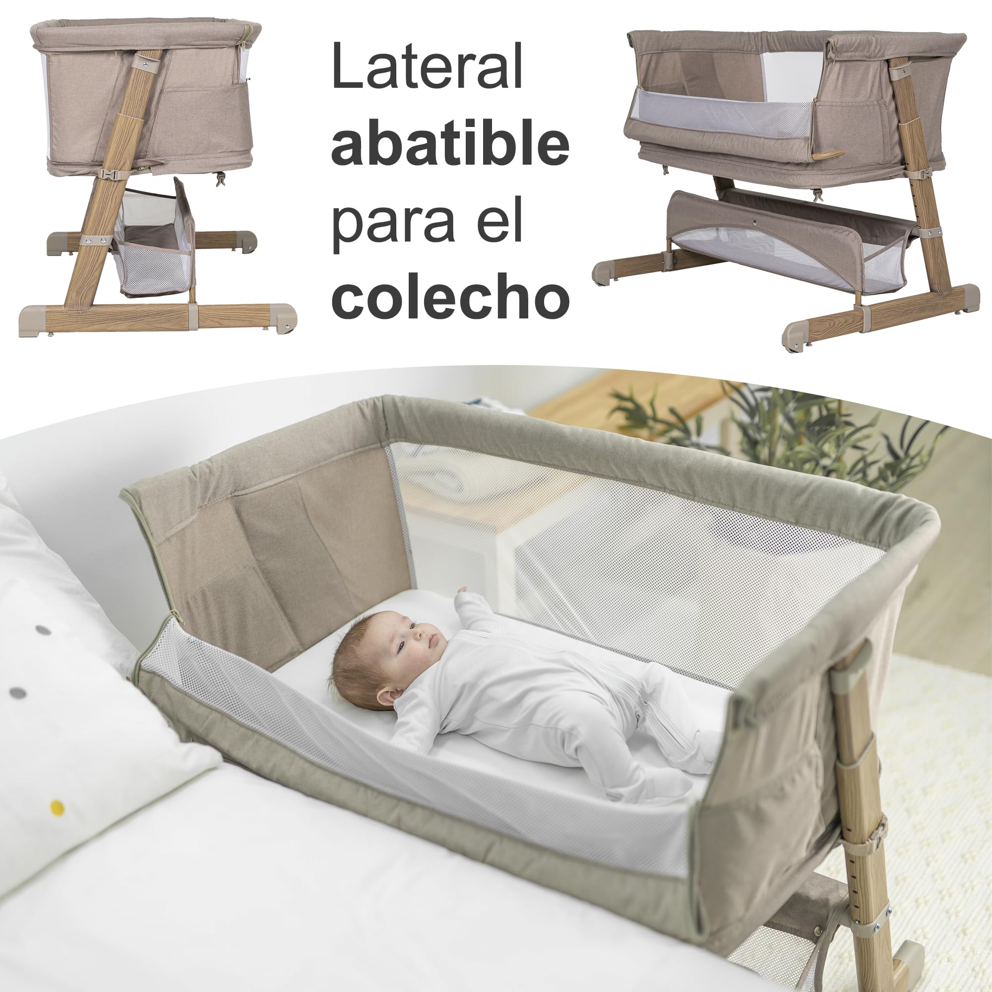 Olmitos – Cuna Bebe multifunción Colecho 4 en 1 Cama Infantil SOMNI evolutiva – Minicuna Convertible y Parque de Juegos 2 Niveles – Sofa Infantil Colchón viscoelástico 15cm con Barrera (Beige)