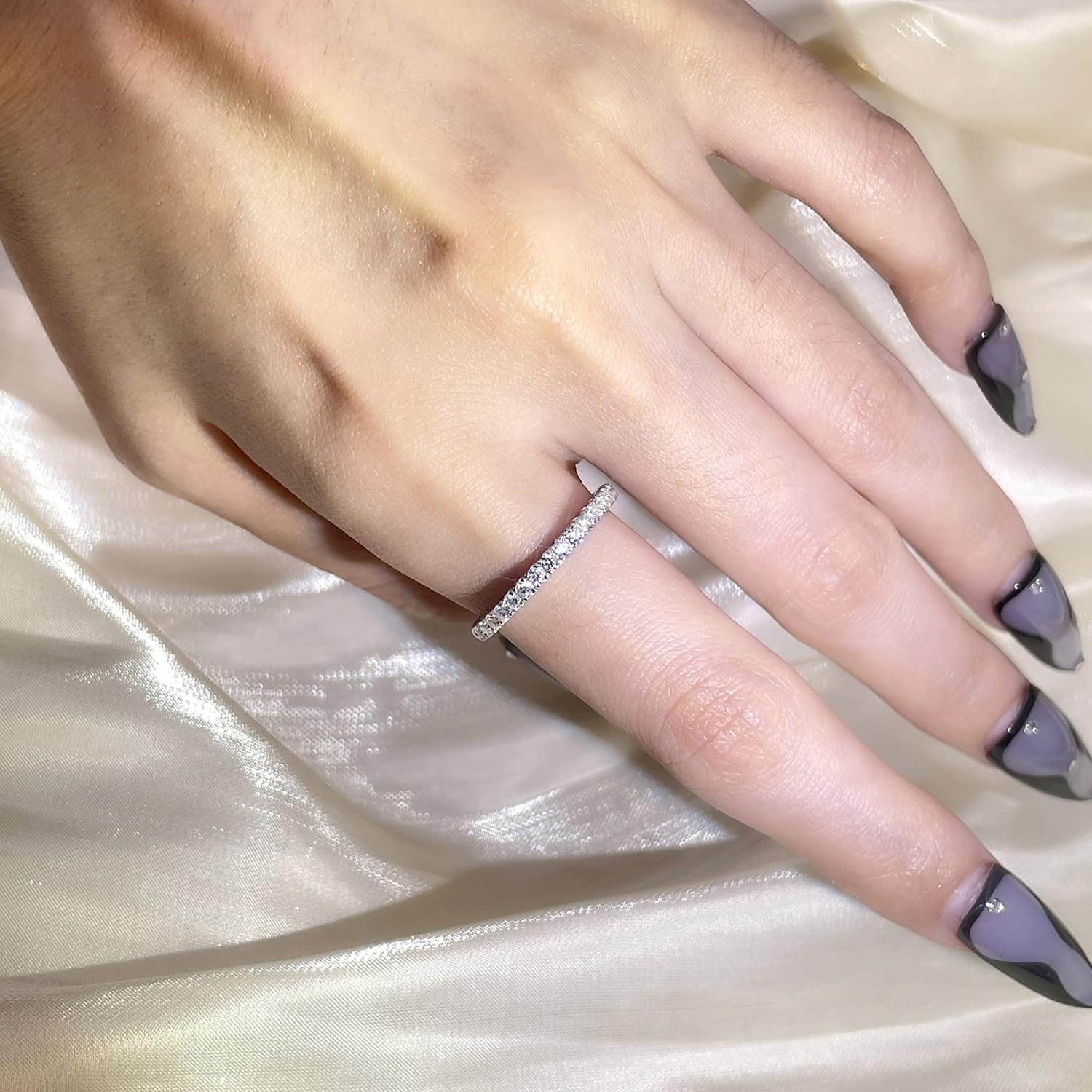 TIANYU GEMS 2mm 925 Sterling Silver 18K White Gold Plated Wedding Band Moissanite Diamond Half Eternity Stackable Engagement Ring for Women - Image 5