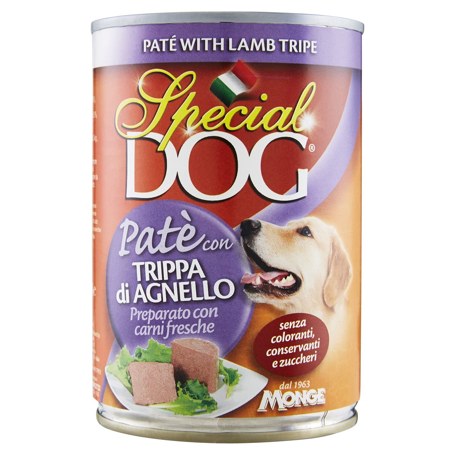 24 Lattine Special Dog Monge 400g Patè Gusti Vari con 80 Strappi NutriPoop Omaggio (Trippa di Agnello)