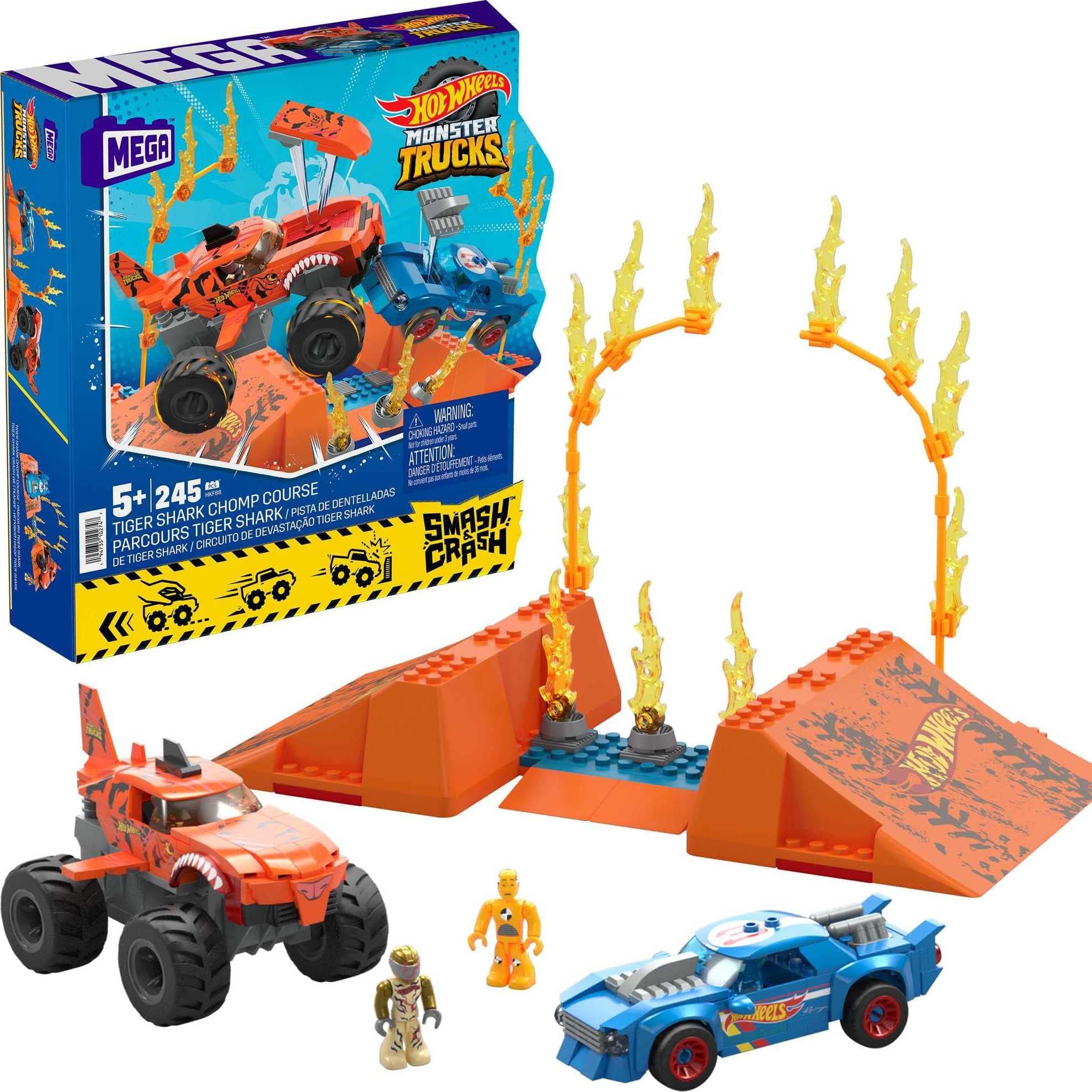 Hot Wheels Tiger Shark Chomp Course Monster Truck Building Toy with 2 Figures (245 Pieces)