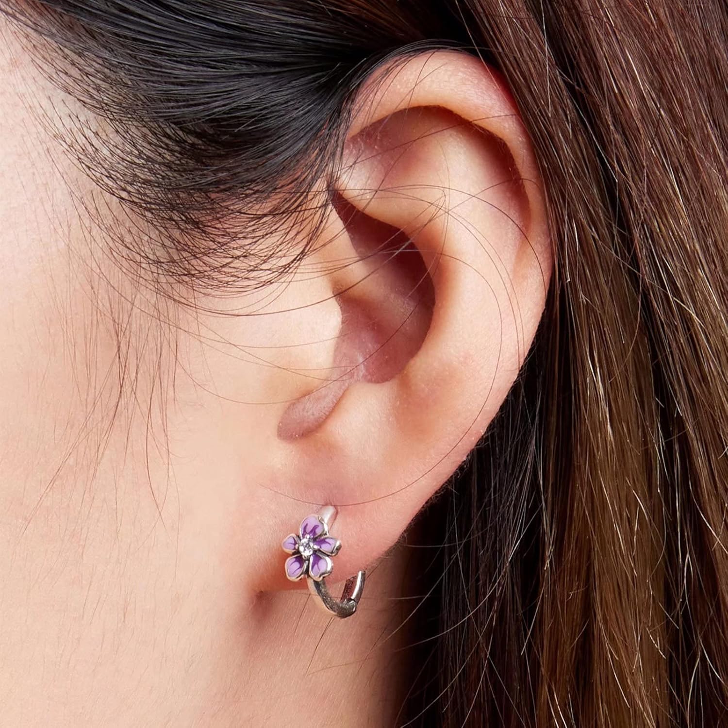 Flower Small Hoop Earrings for Women, S925 Sterling Silver Hypoallergenic Huggie Hoop Earrings Purple Fresh Flower Earrings Jewelry Gifts for Women - Image 2